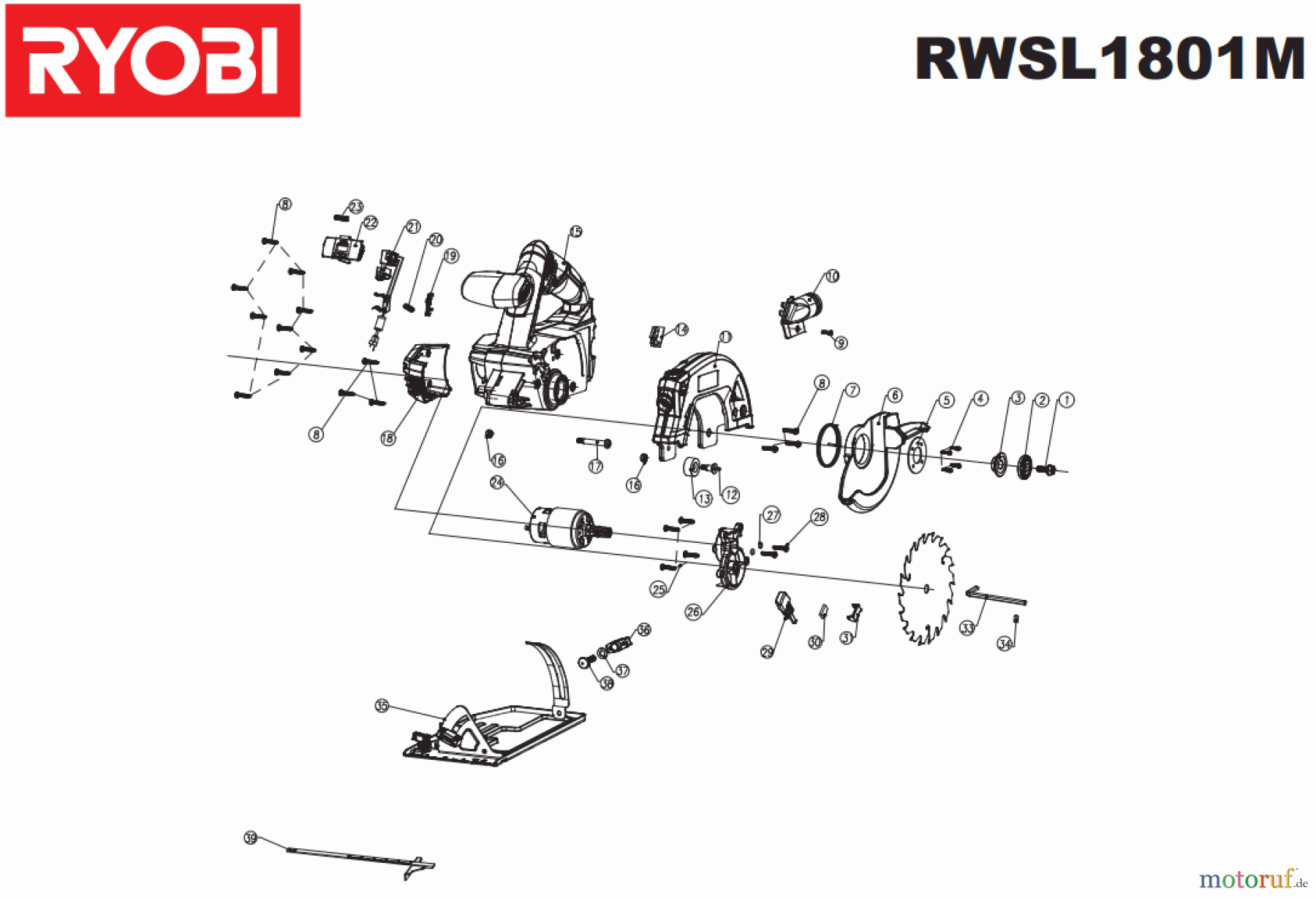 Ryobi Kreissägen RWSL1801M Spareparts 5131006707 MOTOR PINION