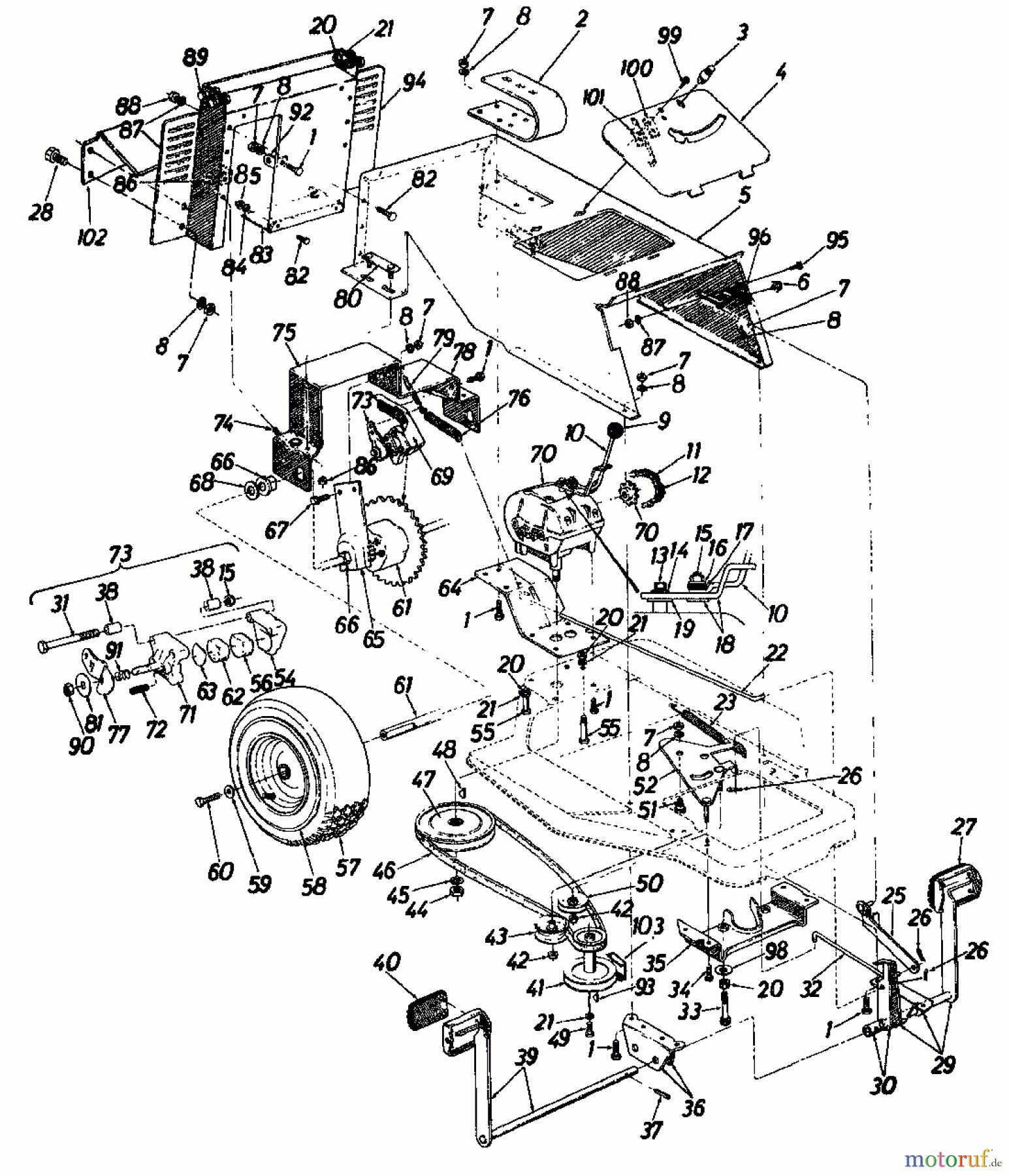  Columbia Lawn tractors RD 10/660 SL 136-5290  (1986) Drive system, Engine pulley, Pedal, Rear wheels