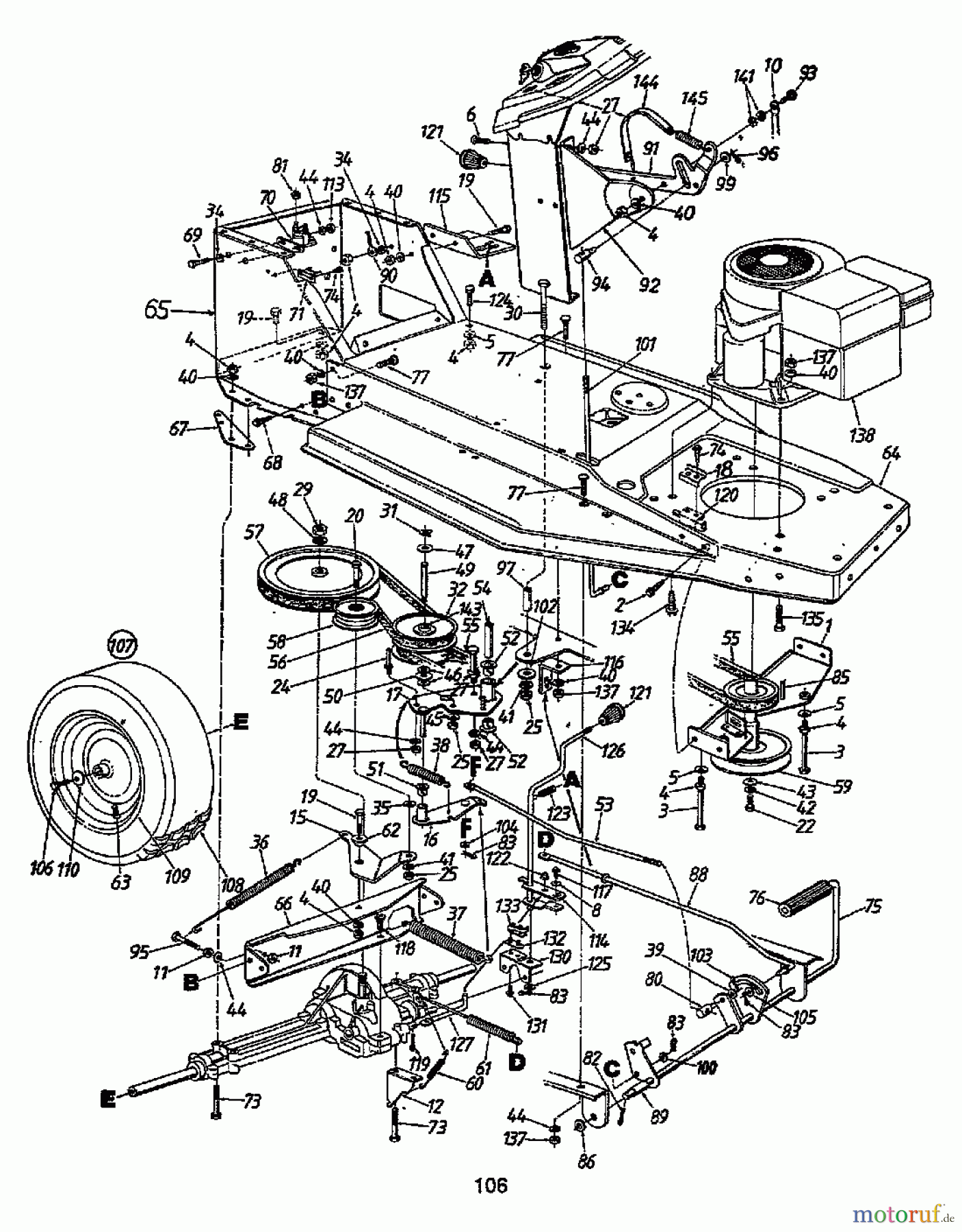  Florica Lawn tractors 12/91 132-450E638  (1992) Drive system, Engine pulley, Pedal, Rear wheels