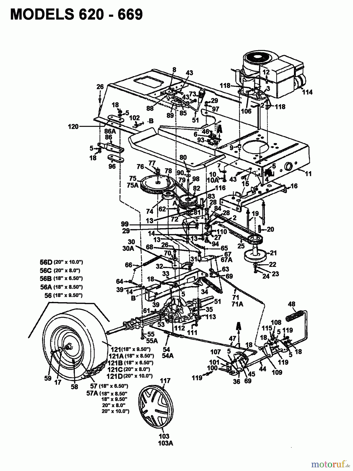  Raiffeisen Rasentraktoren 112 ESL 132-650F628  (1992) Fahrantrieb, Motorkeilriemenscheibe, Pedal, Räder hinten