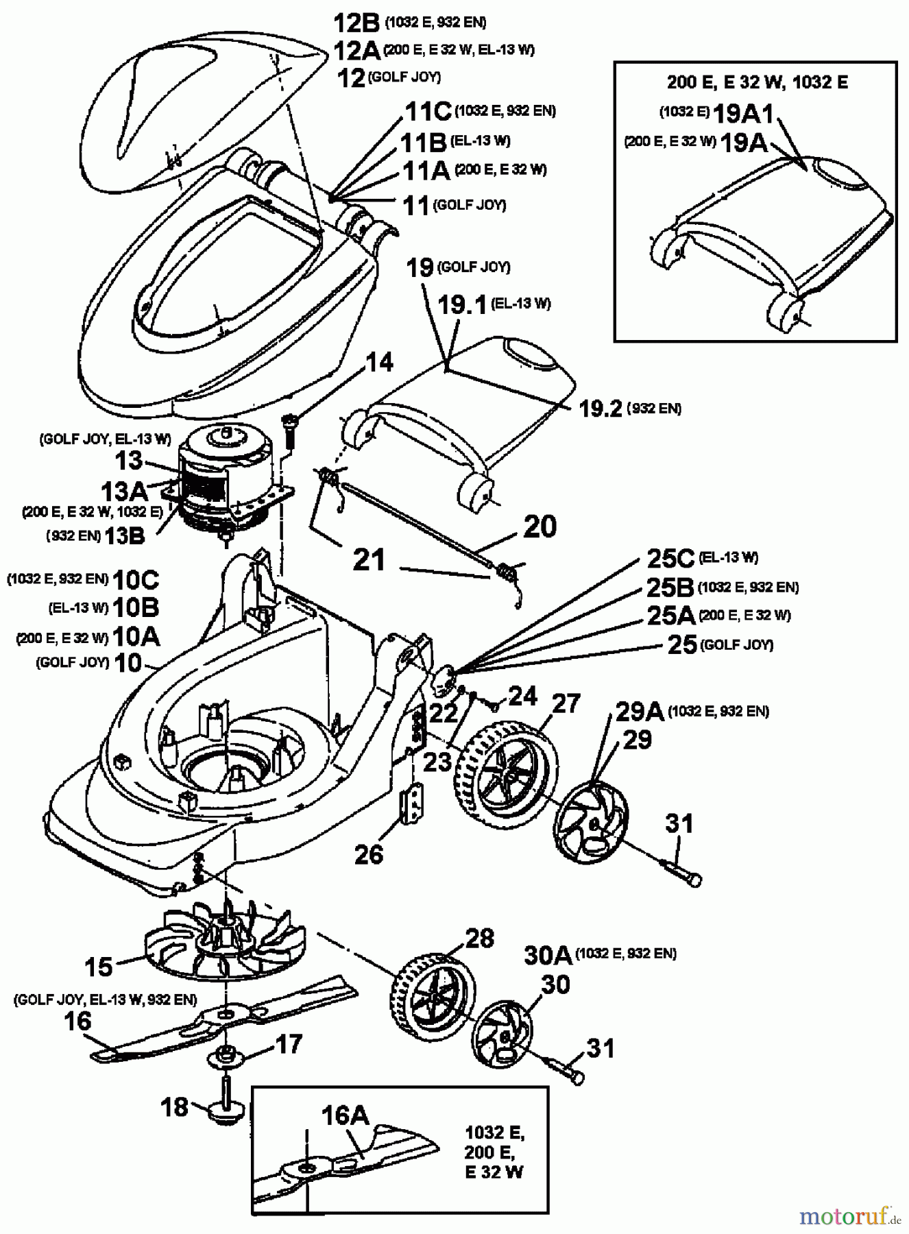 Floraself Electric mower 1032 E 18D-C3D-668 (2000) Electric motor, Blade, Wheels