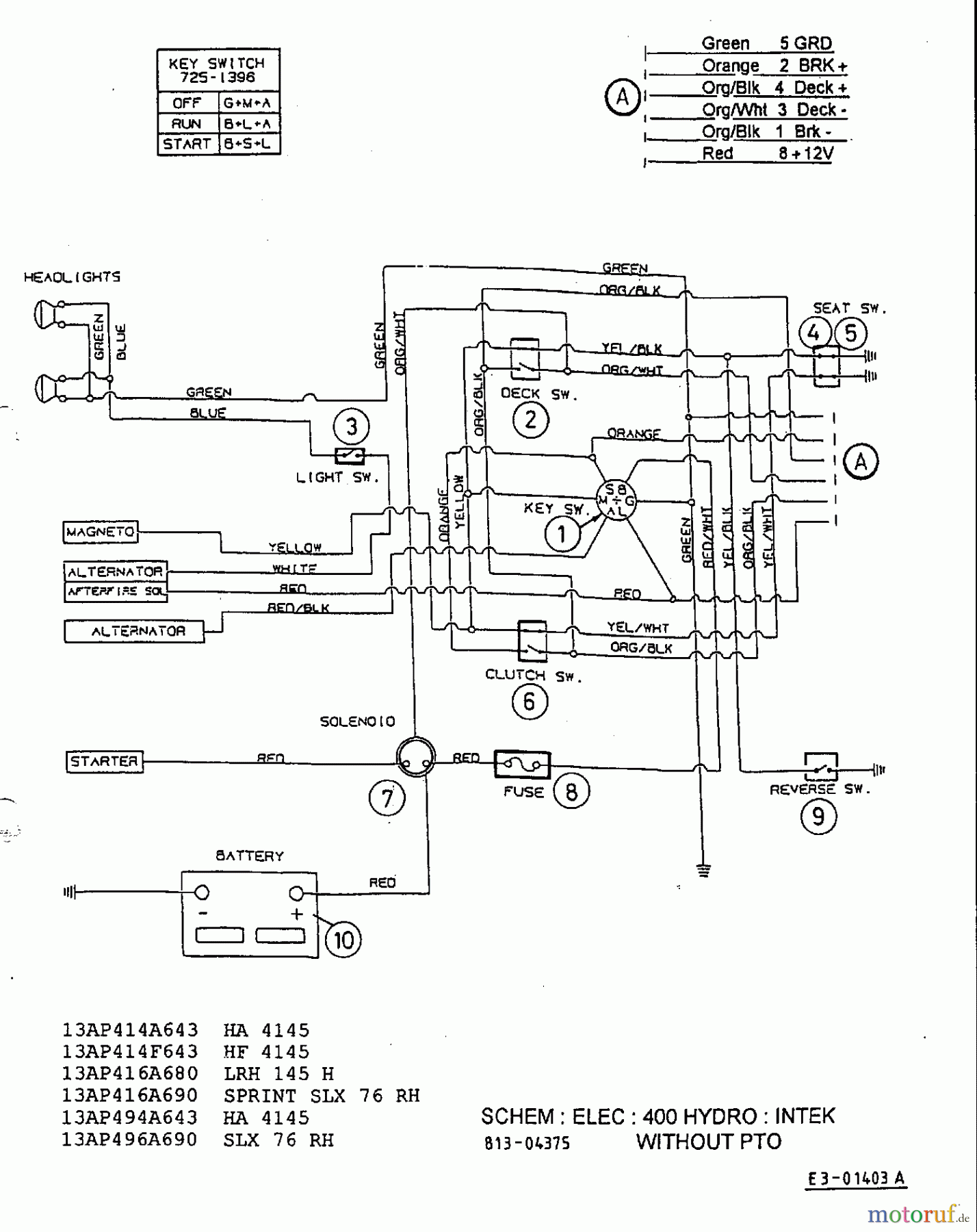  Yard-Man Lawn tractors HE 4160 13AD494E643  (1999) Wiring diagram Intek without electric clutch