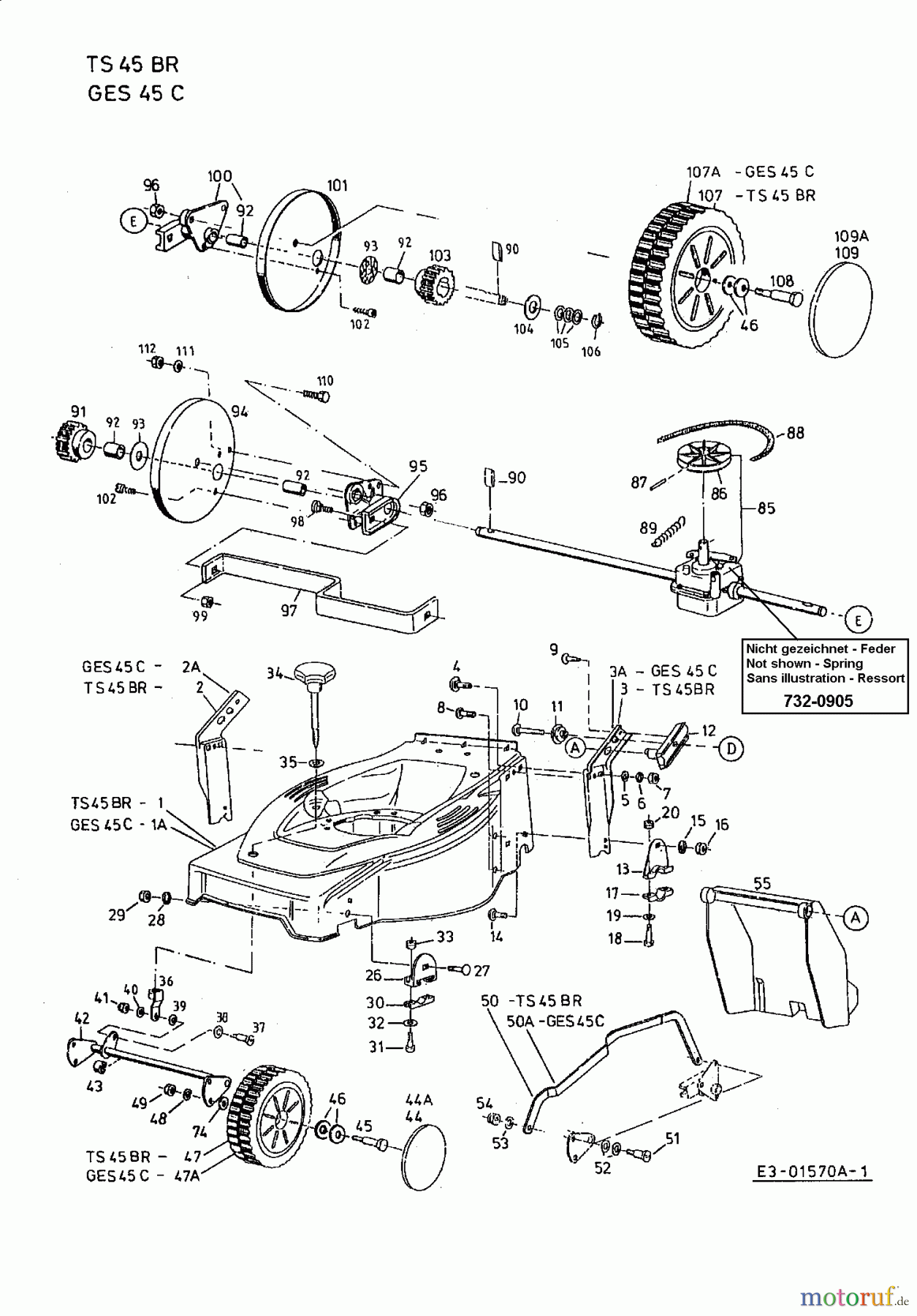  MTD Petrol mower self propelled GES 45 C 12C-T76Z678  (2001) Gearbox, Wheels, Cutting hight adjustment