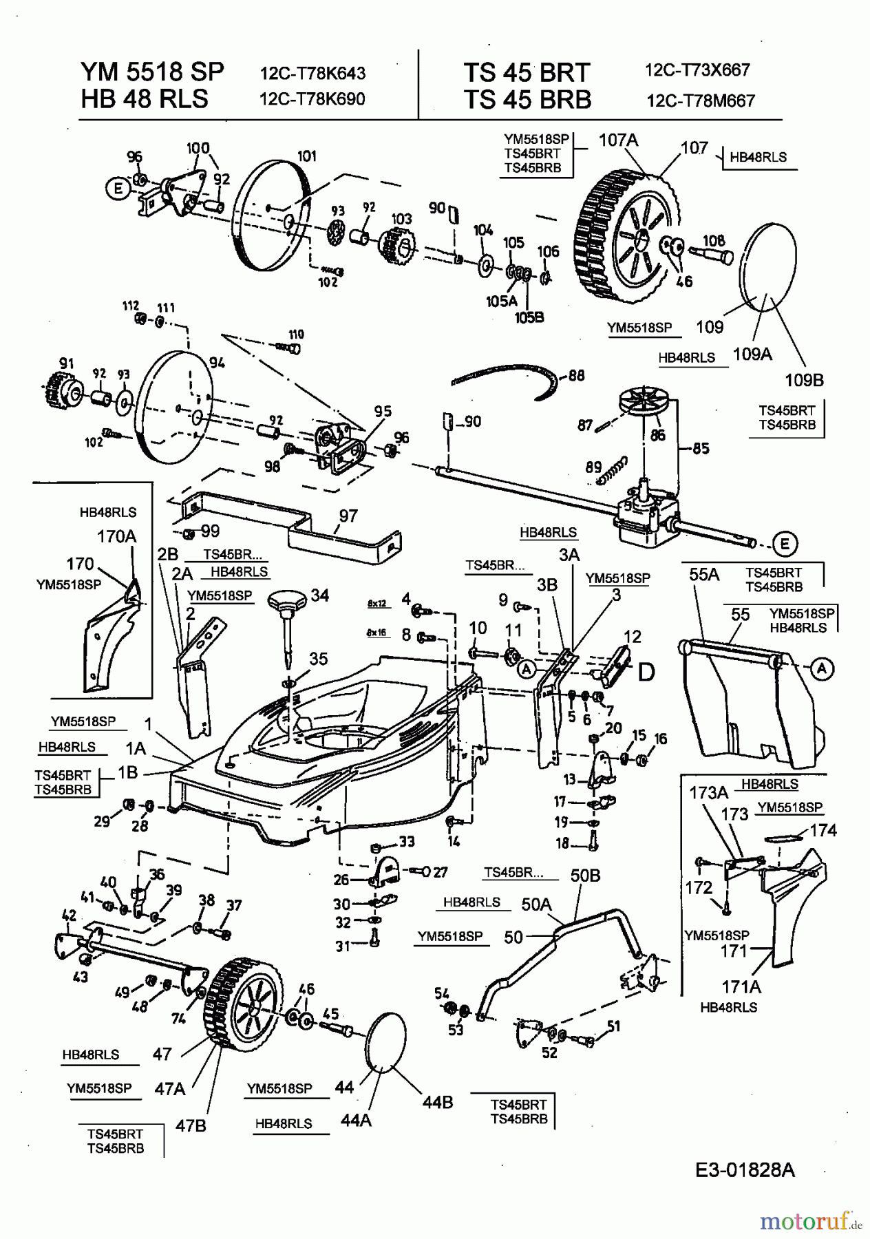  Turbo Silent Motormäher mit Antrieb TS 45 BR-T 12C-T73X667  (2003) Getriebe, Räder, Schnitthöhenverstellung