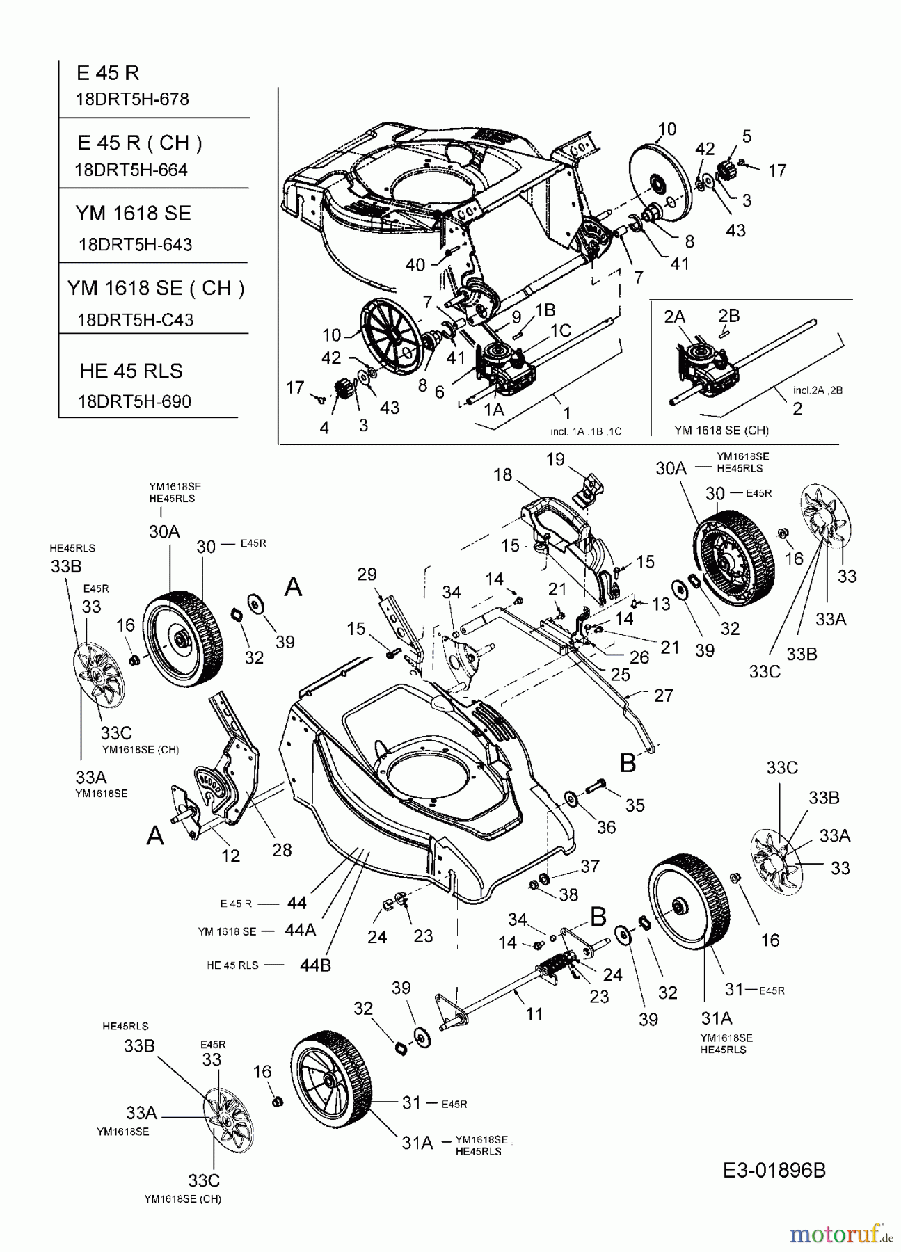 MTD Electric mower self propelled E 45 R 18DRT5H-664  (2005) Gearbox, Wheels, Cutting hight adjustment