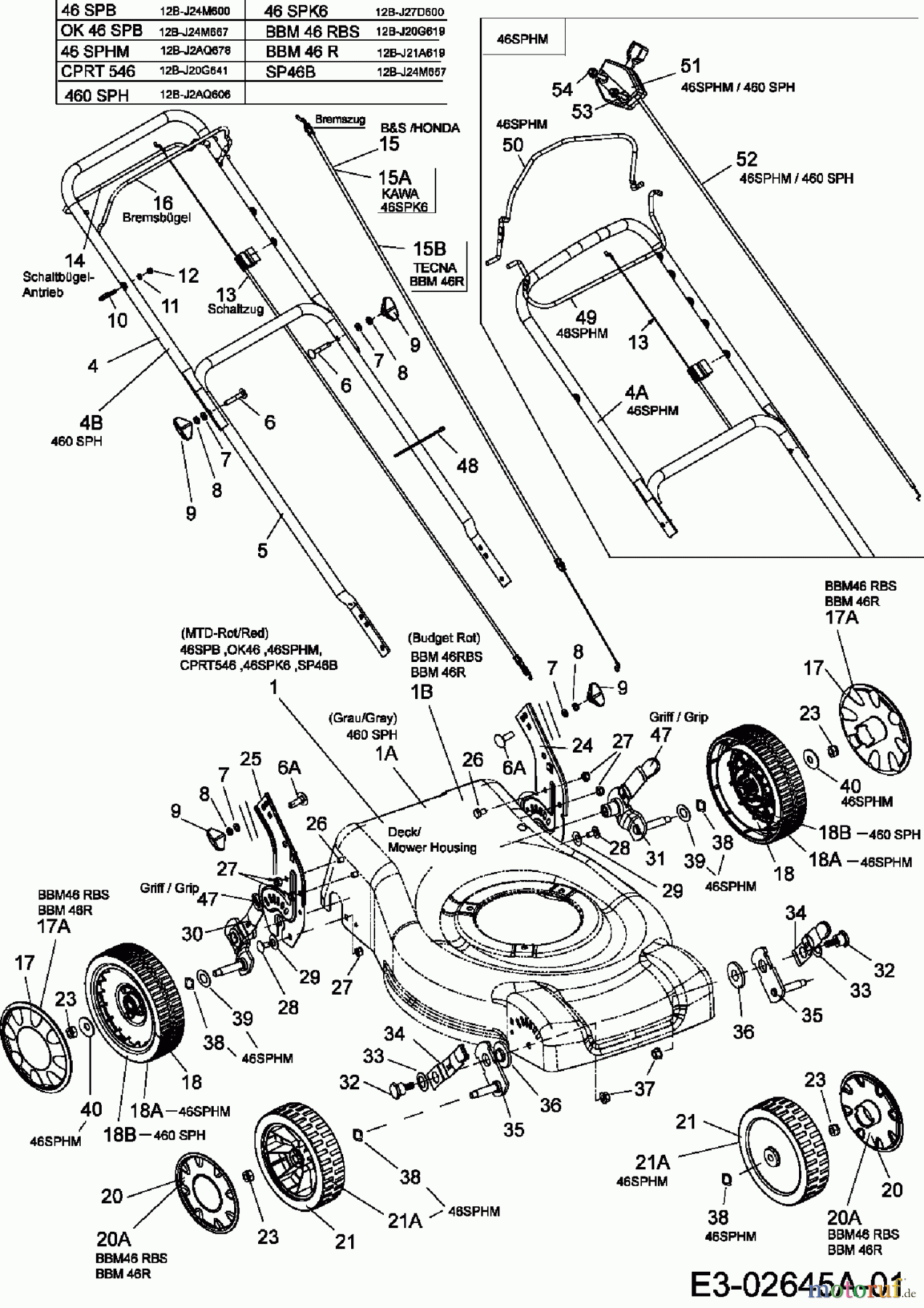  MTD Petrol mower self propelled 46 SPHM 12B-J2AQ678  (2006) Handle, Wheels, Cutting hight adjustment