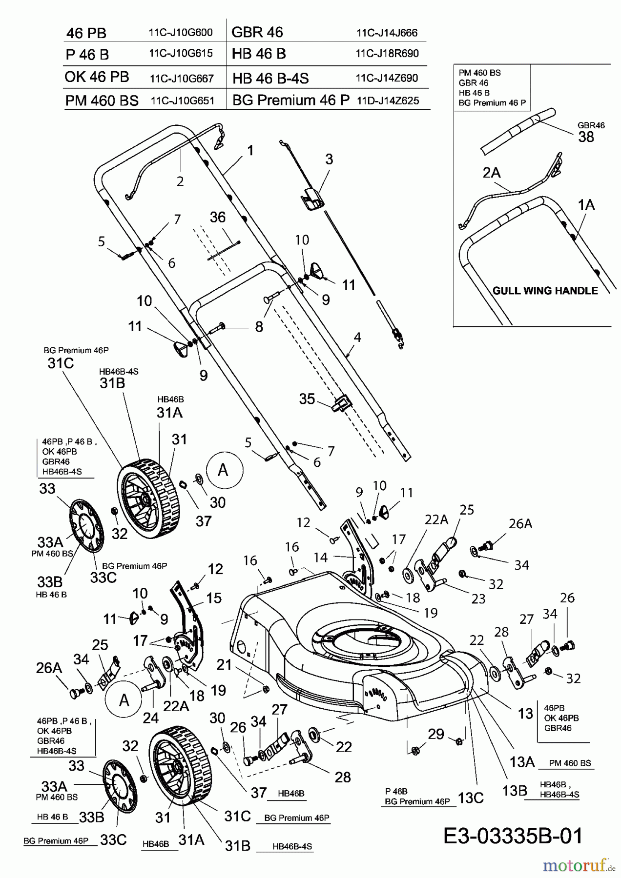  Gutbrod Petrol mower HB 46 B 11C-J18R690  (2008) Handle, Wheels, Cutting hight adjustment