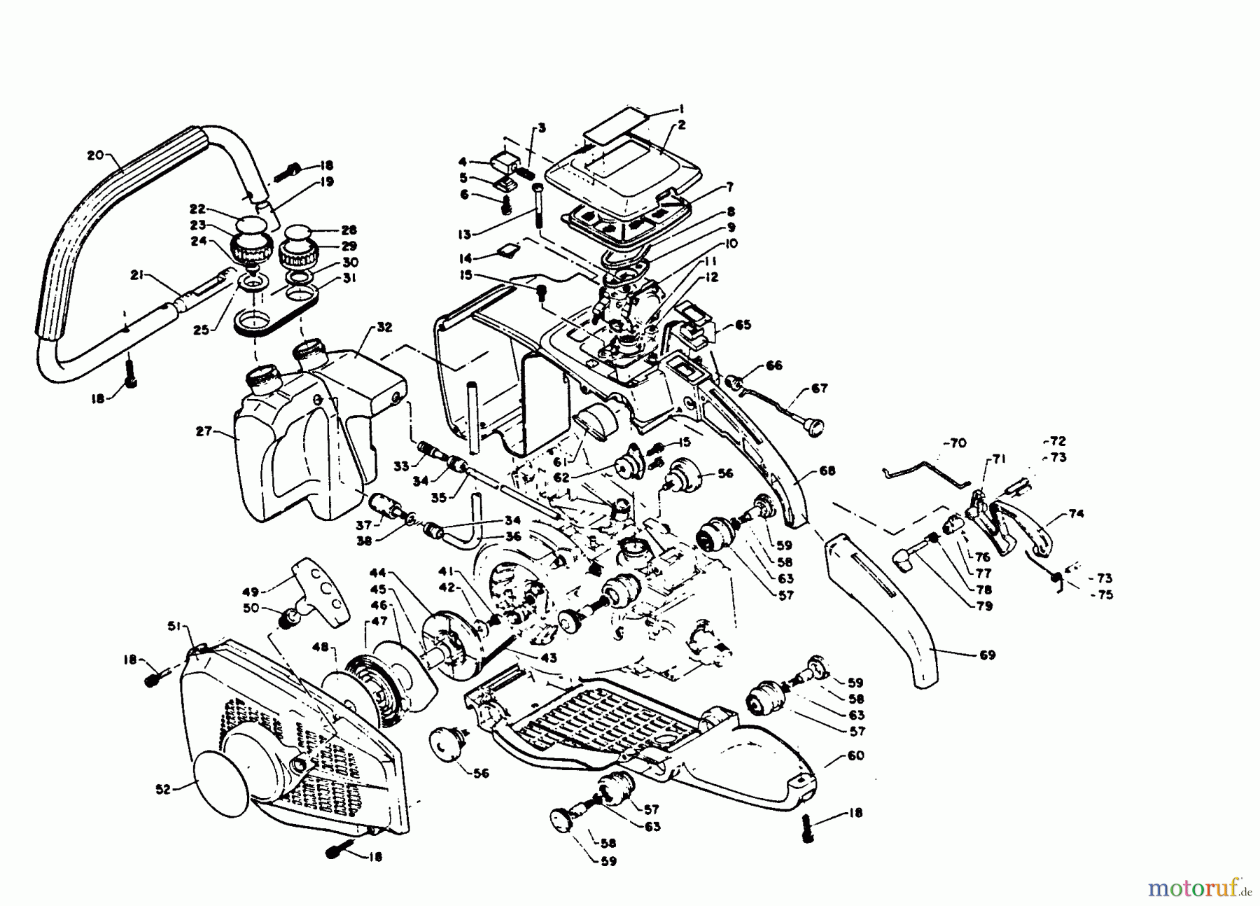 Echo Sägen, Kettensägen CS-500VL - Echo Chainsaw, S/N: 001001 - 049000 Starter, Carburetor, Handles, Air Cleaner, Fuel Sys, Oil Tank