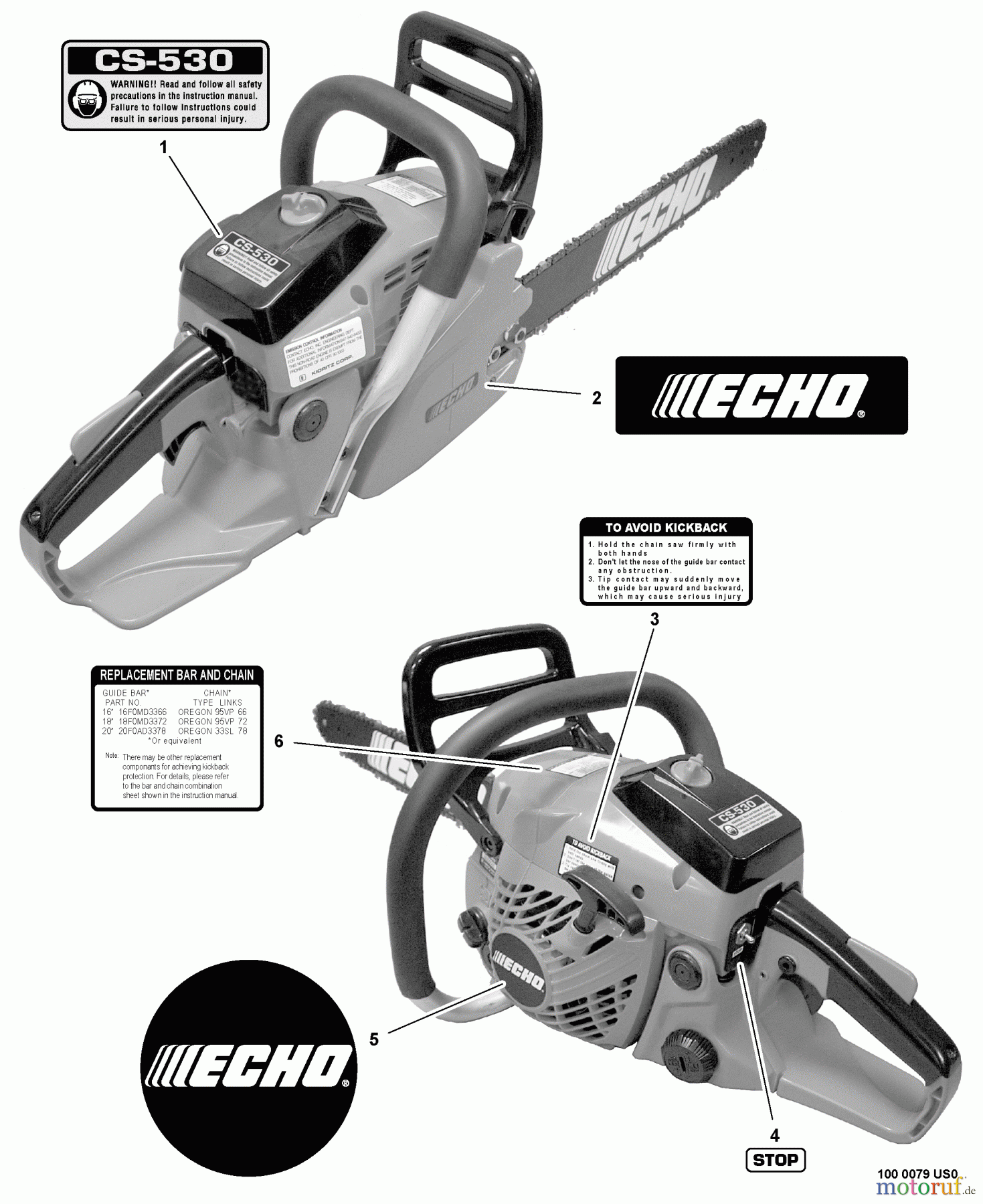Echo Sägen, Kettensägen CS-530 - Echo Chainsaw, S/N: C02803001001 - C02803999999 Labels