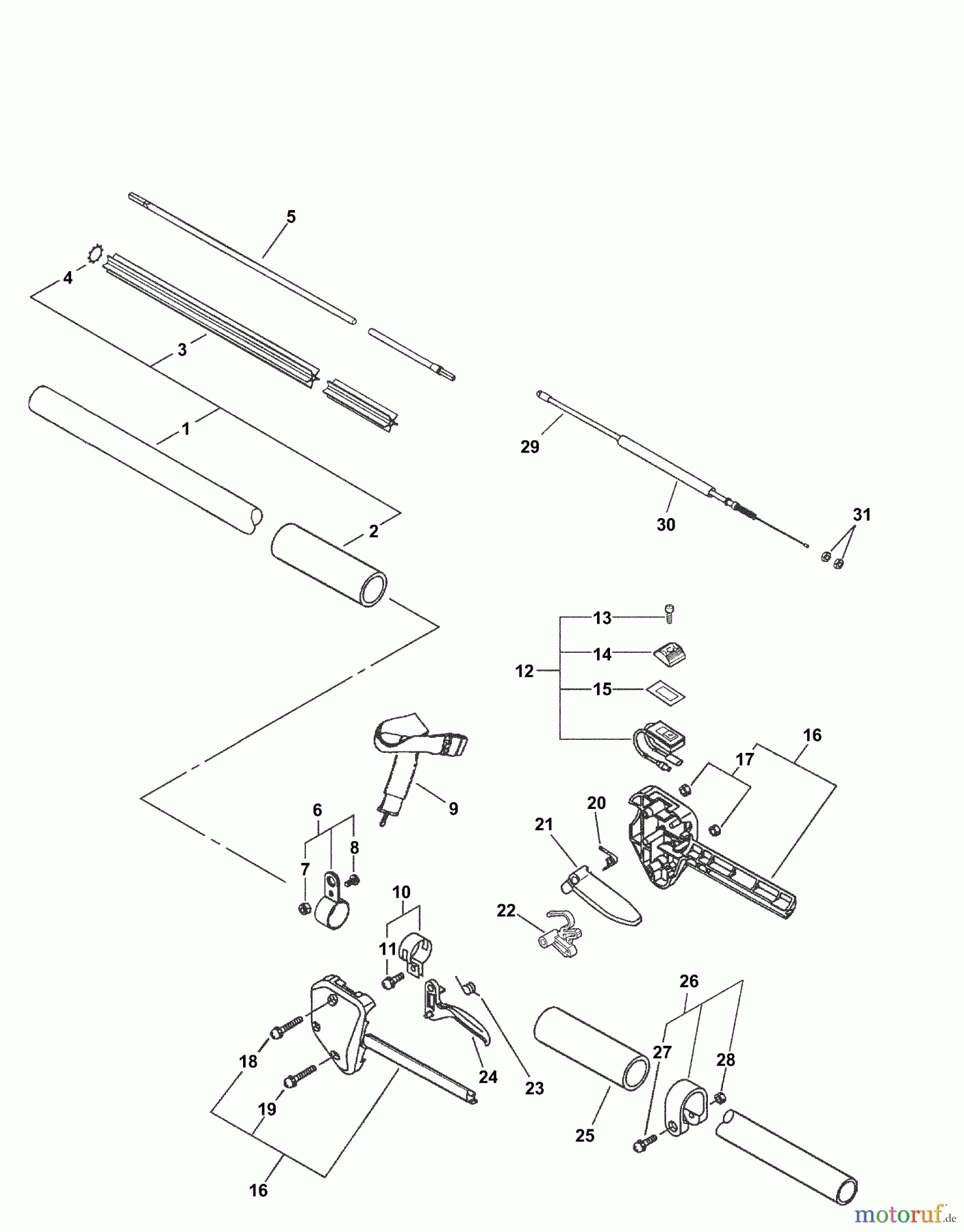 Echo Hochentaster PPF-211 - Echo Pole Saw / Pruner, S/N: 02001001 - 02999999 Handle, Ignition Switch, Throttle Cable, Driveshaft