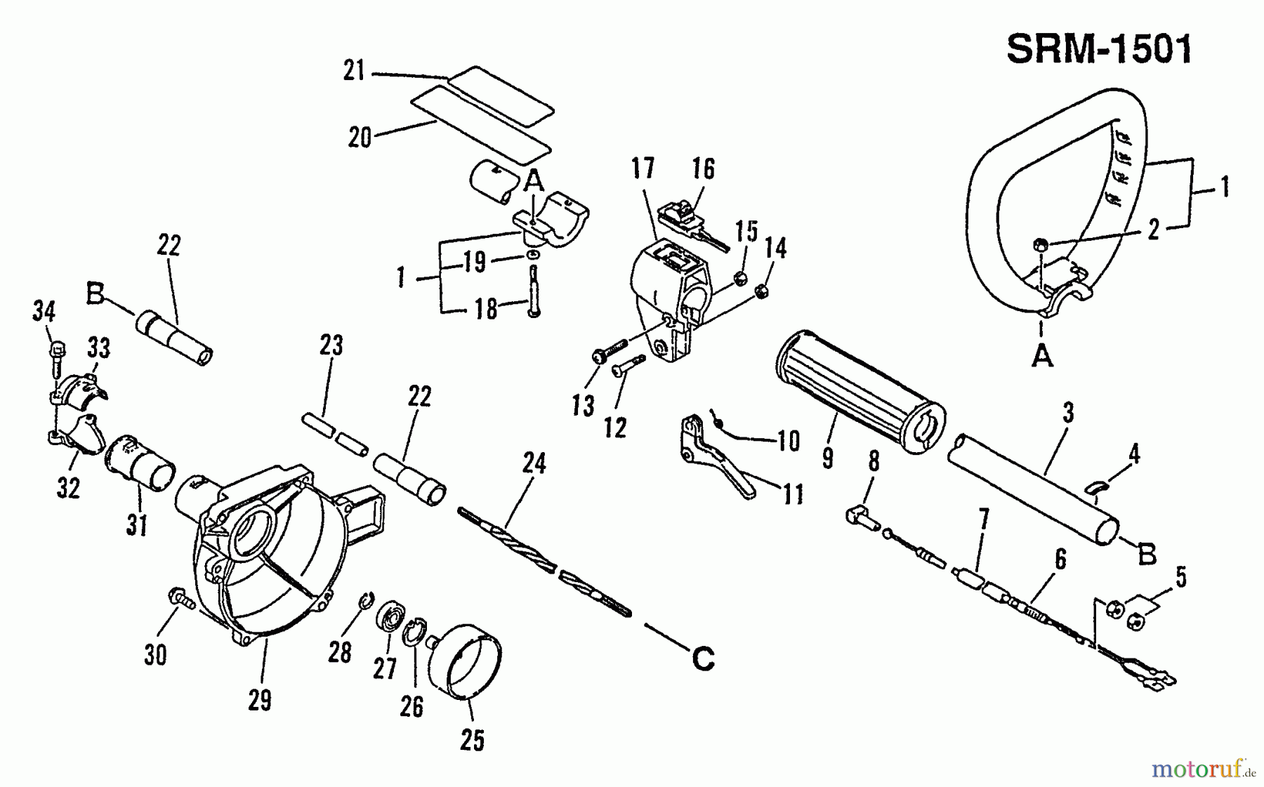Echo Trimmer, Faden / Bürste SRM-1501 - Echo String Trimmer, S/N:0083387 - 0135000 Driveshaft, Handles, Throttle, Stop Switch, Clutch Housing
