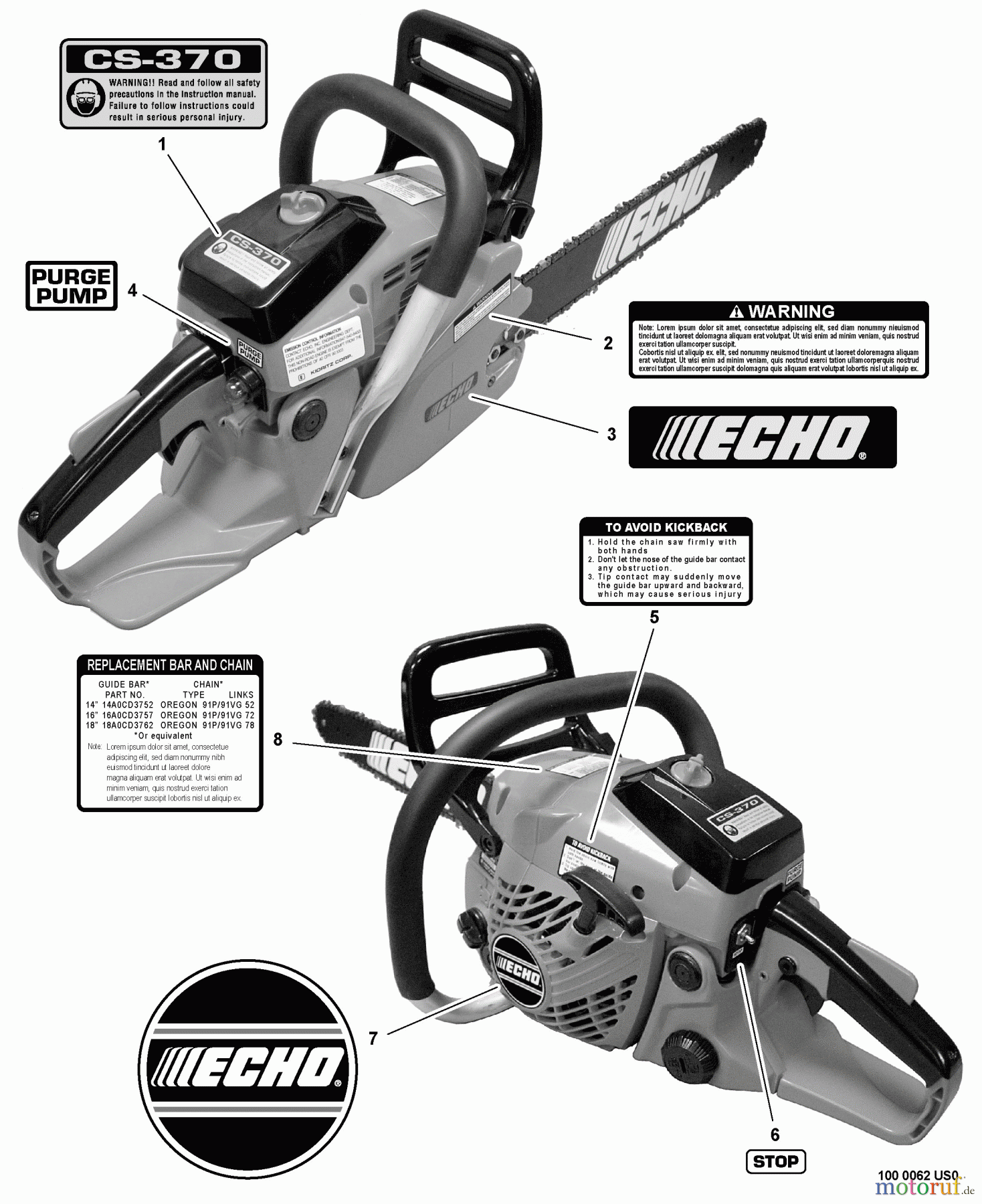  Echo Sägen, Kettensägen CS-370 - Echo Chainsaw, S/N: C08911001001 - C08911999999 Labels