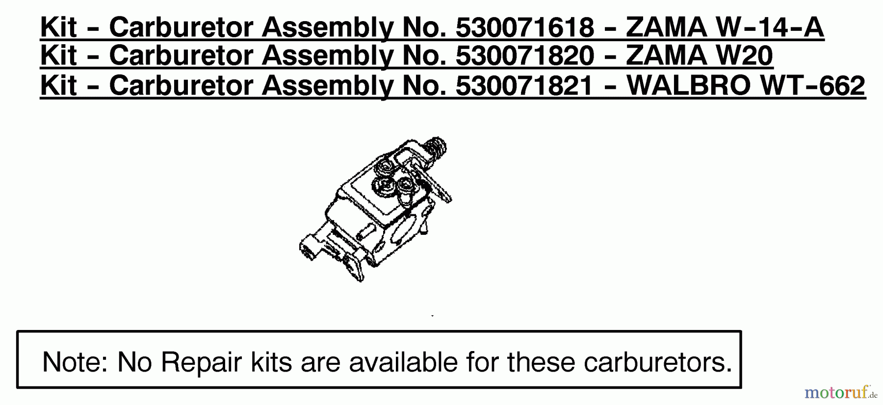  Poulan / Weed Eater Motorsägen 1975 (Type 1) - Poulan Woodshark Chainsaw Carburetor Assembly (Zama W20) P/N 530071820