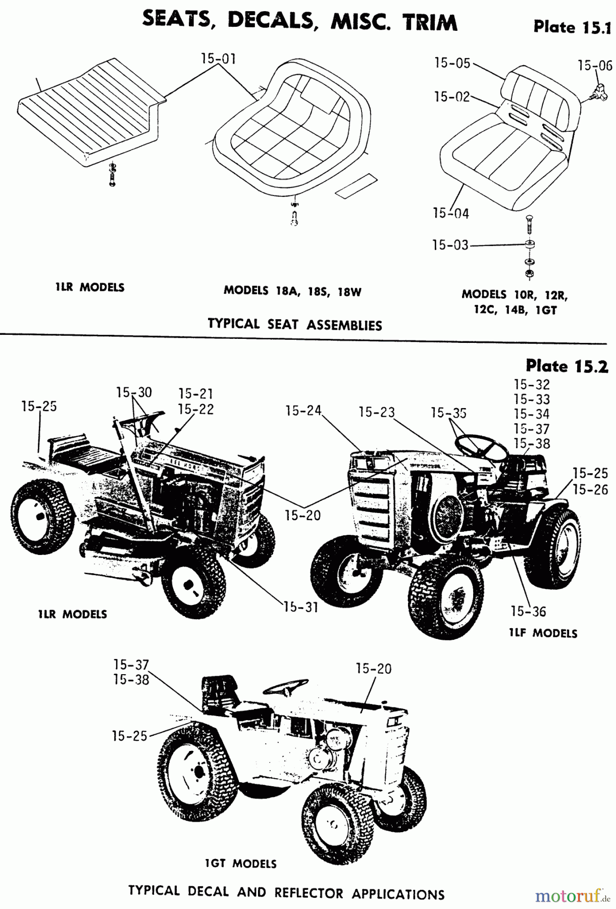  Toro Neu Mowers, Lawn & Garden Tractor Seite 1 1-0100 - Toro WorkHorse 800 Tractor, 1971 15.000 SEATS, DECALS, MISC. TRIM-15.000 SEAT ASSEMBLIES (PLATE 15.1)