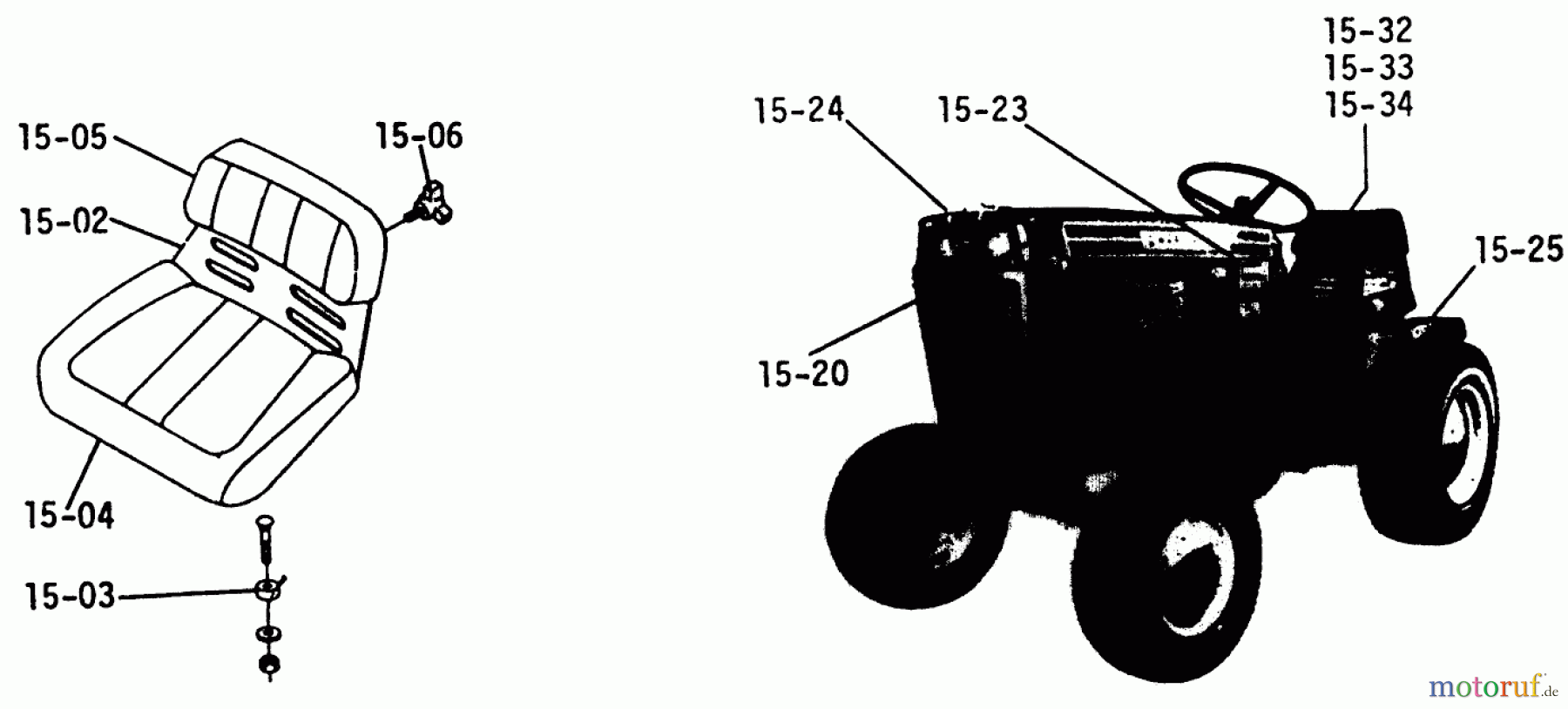  Toro Neu Mowers, Lawn & Garden Tractor Seite 1 1-0310 - Toro Raider 12 Tractor, 1971 SEATS, DECALS, MISC. TRIM (PLATE 15.1)