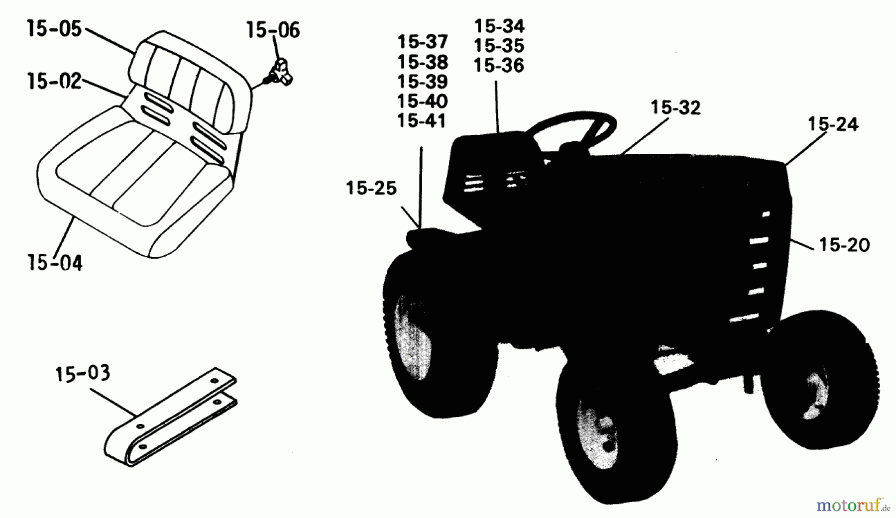  Toro Neu Mowers, Lawn & Garden Tractor Seite 1 1-0396 (C-120) - Toro C-120 8-Speed Tractor, 1975 15.000 SEATS, DECALS MISC. TRIM (FIG. 15)