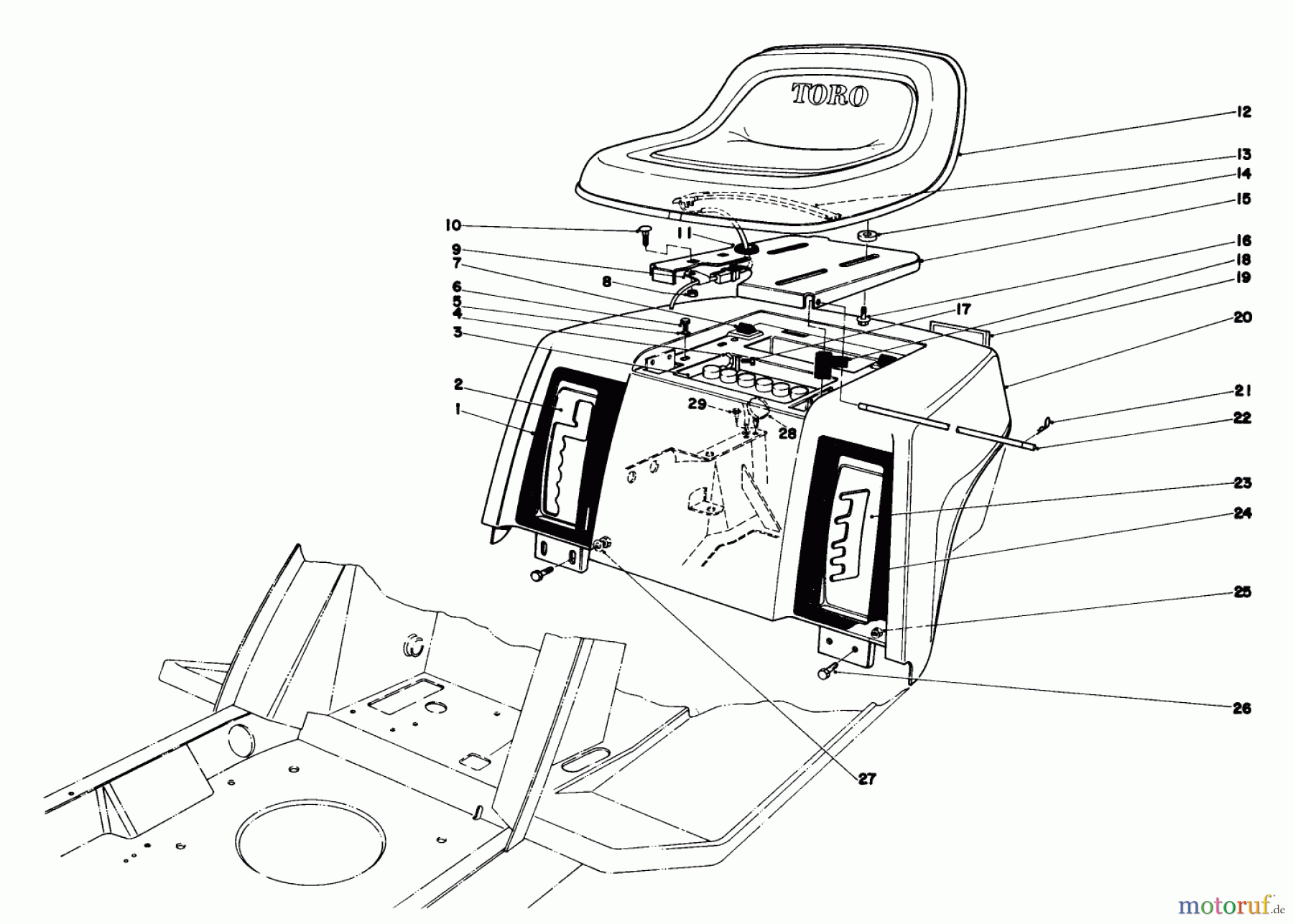  Toro Neu Mowers, Lawn & Garden Tractor Seite 1 57300 (8-32) - Toro 8-32 Front Engine Rider, 1981 (1000001-1999999) REAR BODY & SEAT ASSEMBLY