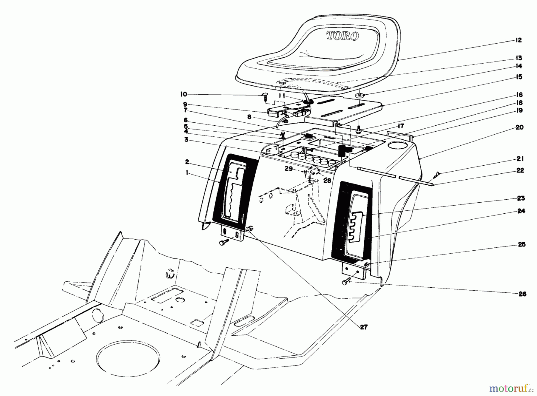  Toro Neu Mowers, Lawn & Garden Tractor Seite 1 57360 (11-32) - Toro 11-32 Lawn Tractor, 1983 (3000001-3999999) REAR BODY & SEAT ASSEMBLY