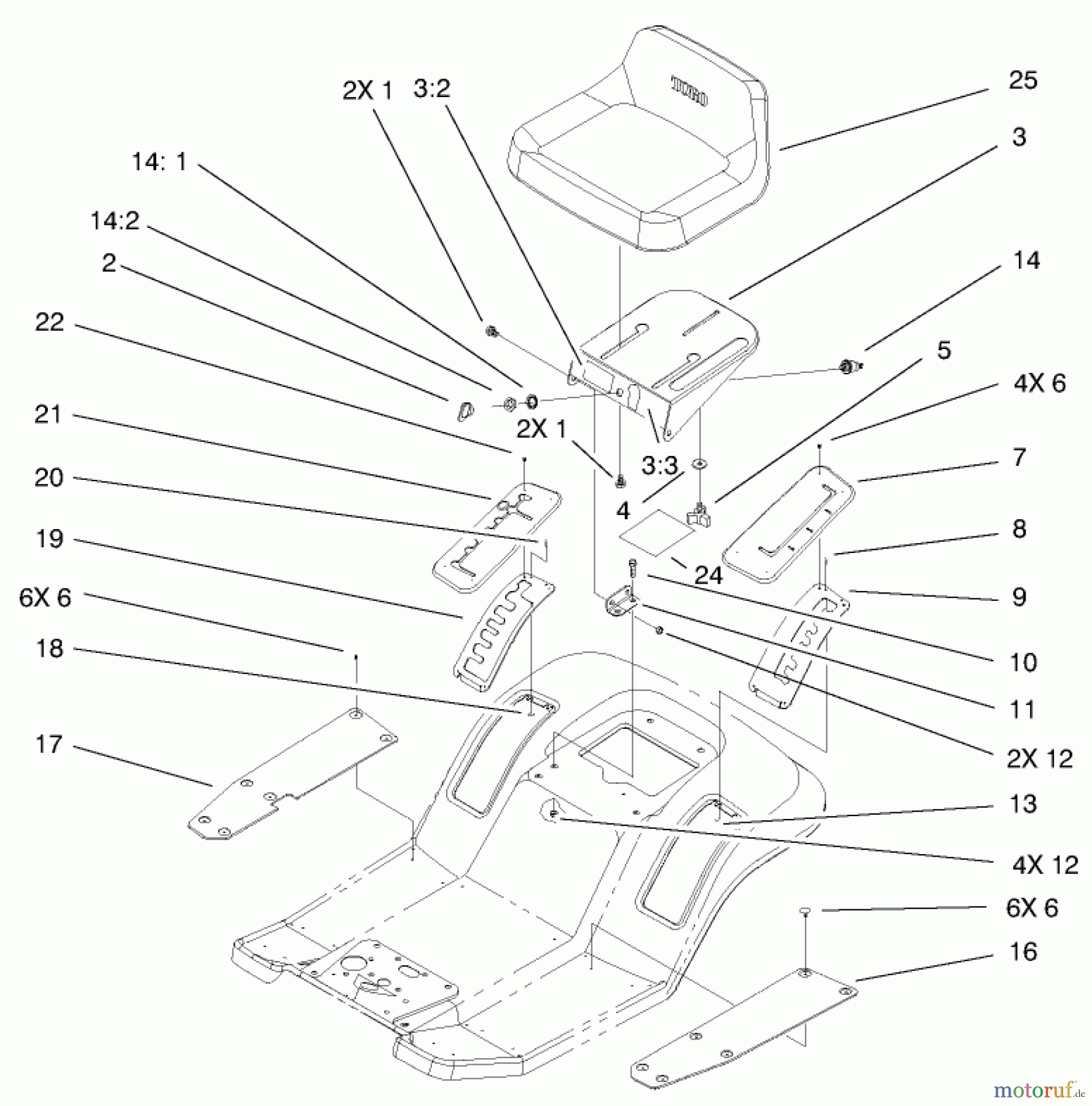  Toro Neu Mowers, Lawn & Garden Tractor Seite 1 71301 (12.5-32XLE) - Toro 12.5-32XLE Lawn Tractor, 2001 (210000001-210999999) REAR BODY AND SEAT ASSEMBLY