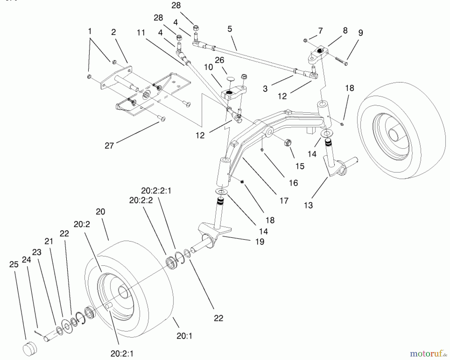  Toro Neu Mowers, Lawn & Garden Tractor Seite 1 73570 (520xi) - Toro 520xi Garden Tractor, 2000 (200000001-200999999) TIE RODS, SPINDLE, & FRONT AXLE ASSEMBLY