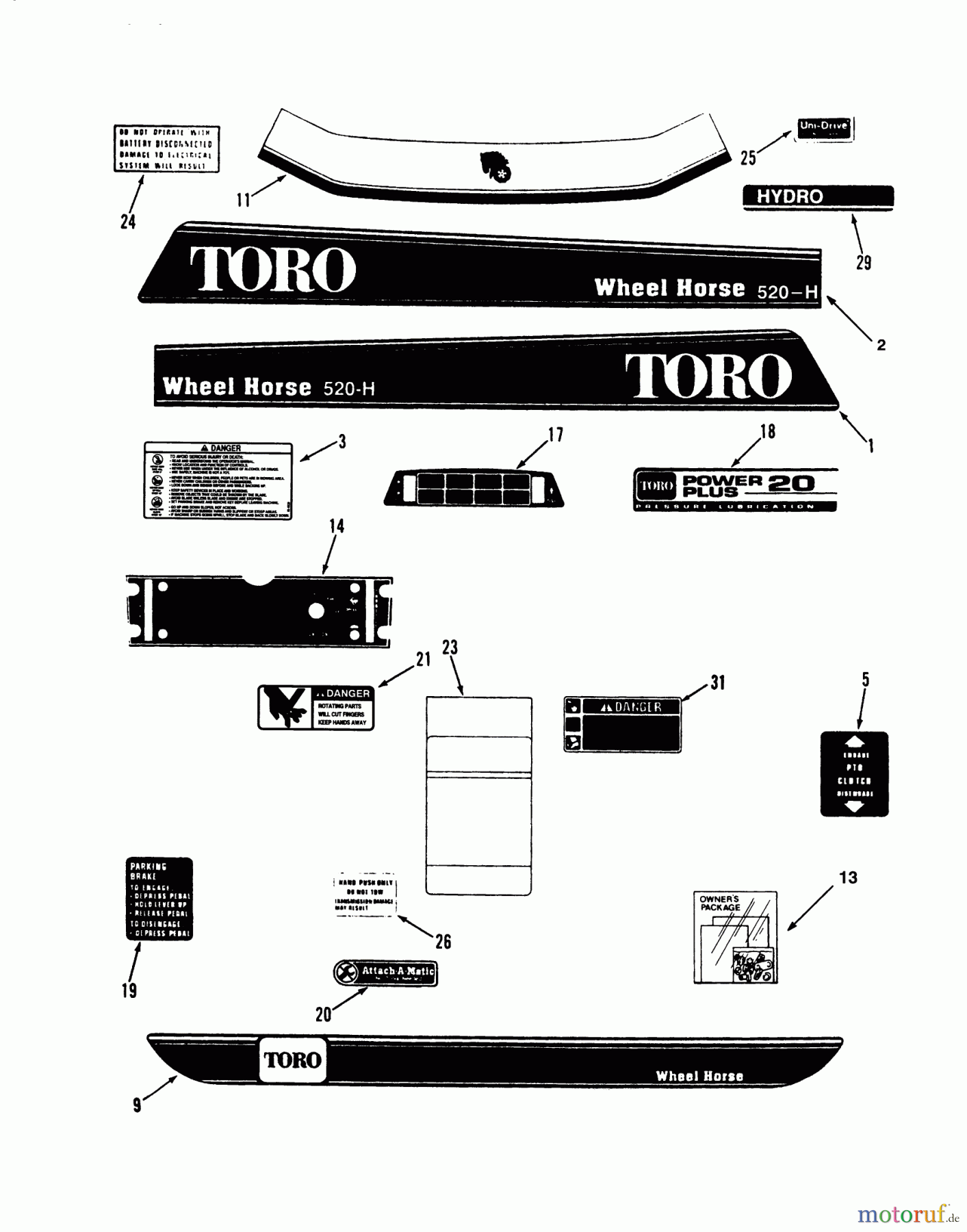  Toro Neu Mowers, Lawn & Garden Tractor Seite 1 73520 (520-H) - Toro 520-H Garden Tractor, 1993 (39000001-39999999) DECALS