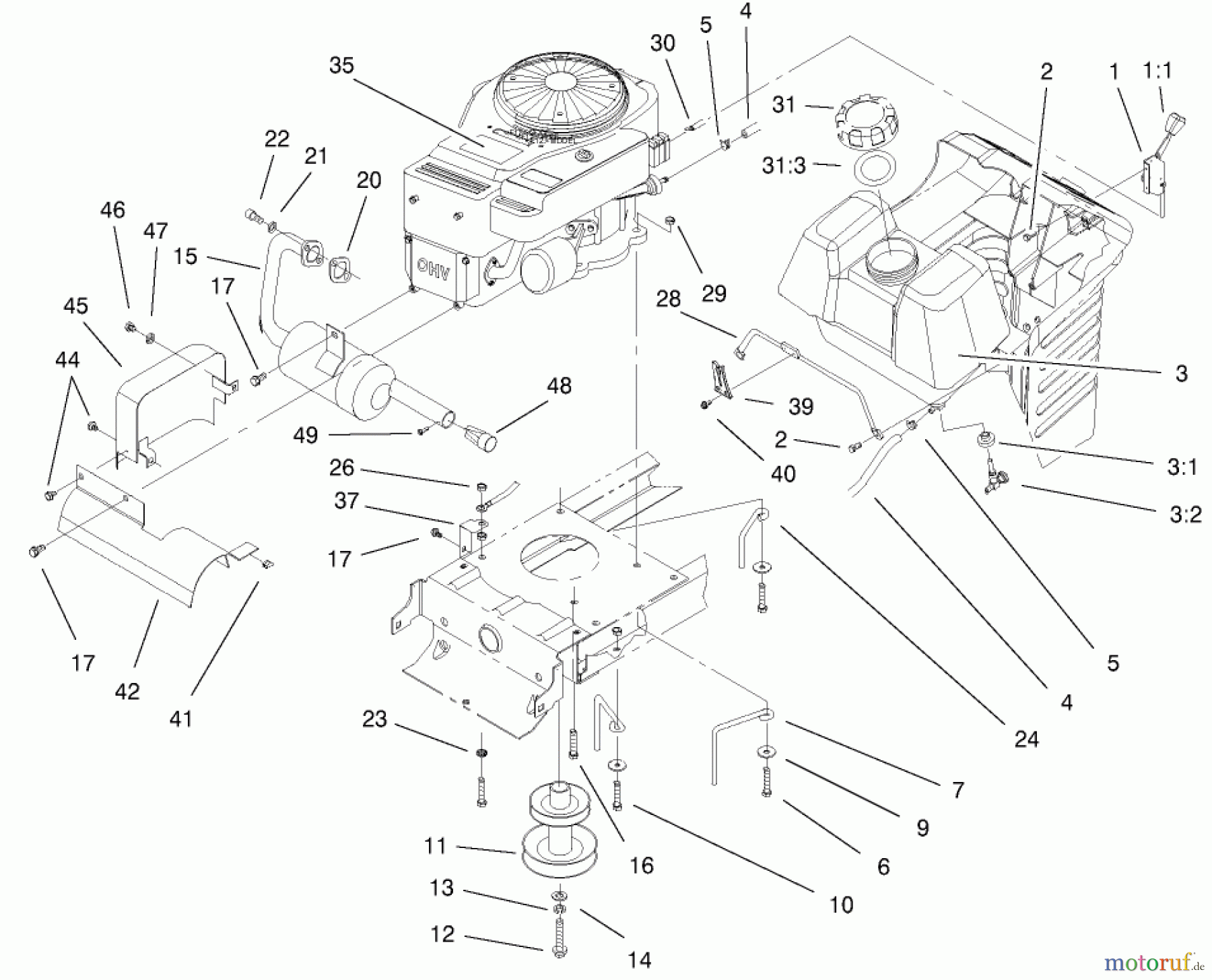  Toro Neu Mowers, Lawn & Garden Tractor Seite 1 77106 (17-44H) - Toro 17-44H Lawn Tractor, 2000 (200000001-200999999) ENGINE SYSTEMS COMPONENTS ASSEMBLY