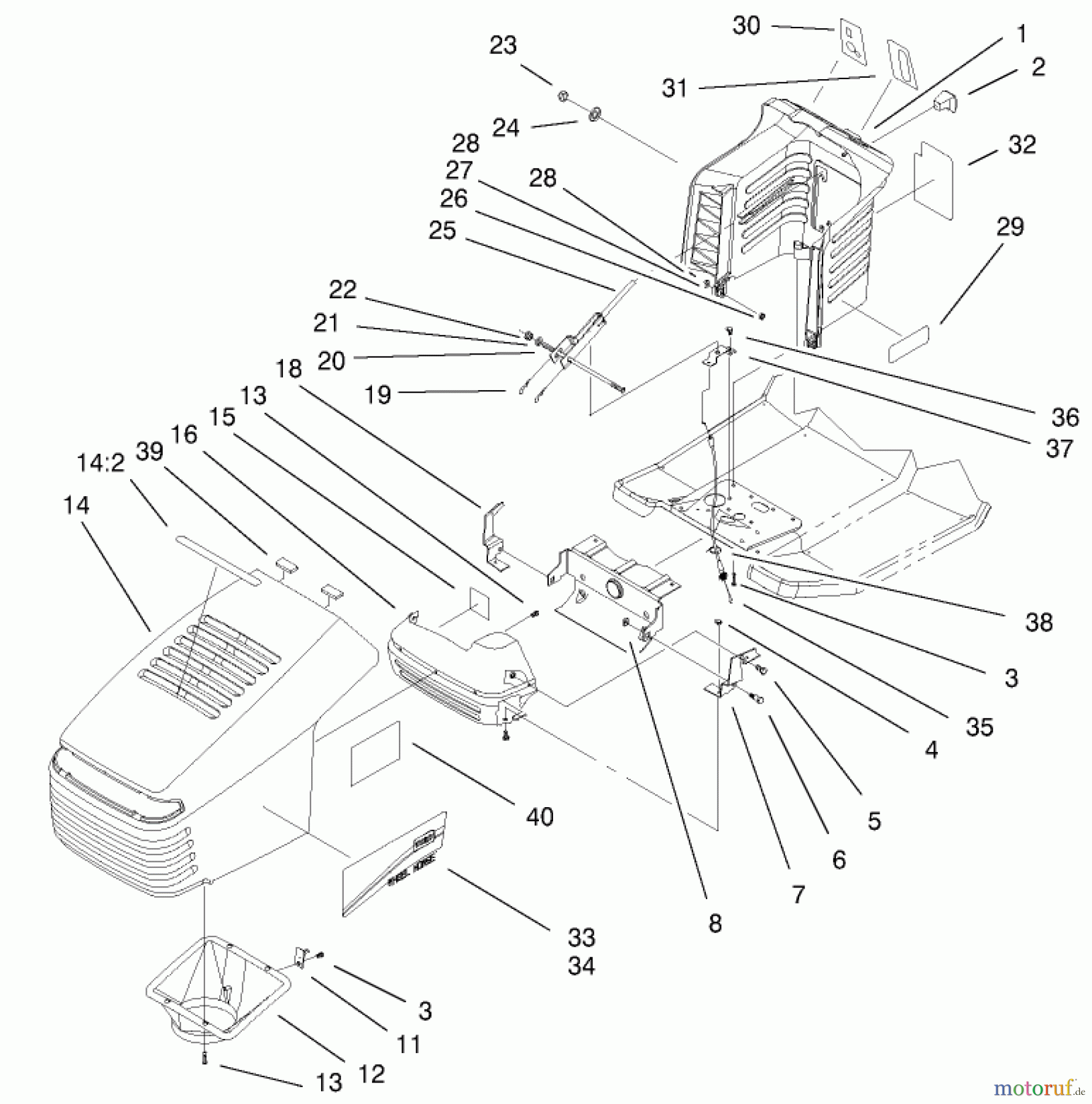  Toro Neu Mowers, Lawn & Garden Tractor Seite 1 77106 (17-44H) - Toro 17-44H Lawn Tractor, 2000 (200000001-200999999) HOOD & TOWER ASSEMBLY