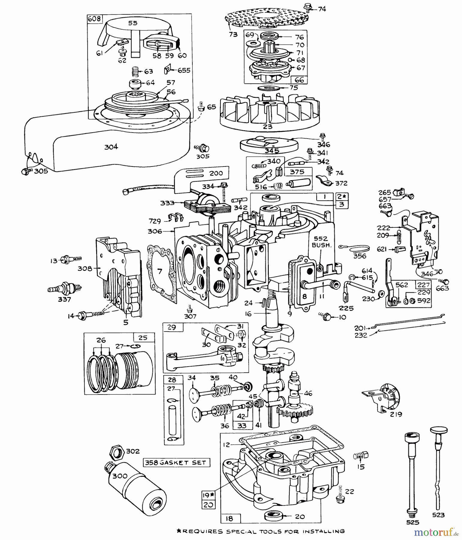  Toro Neu Mowers, Rear-Engine Rider 56150 (732) - Toro 732 Sportsman Rider, 1975 (5000001-5999999) ENGINE BRIGGS & STRATTON MODEL NO. 170702-1163 RECOIL START