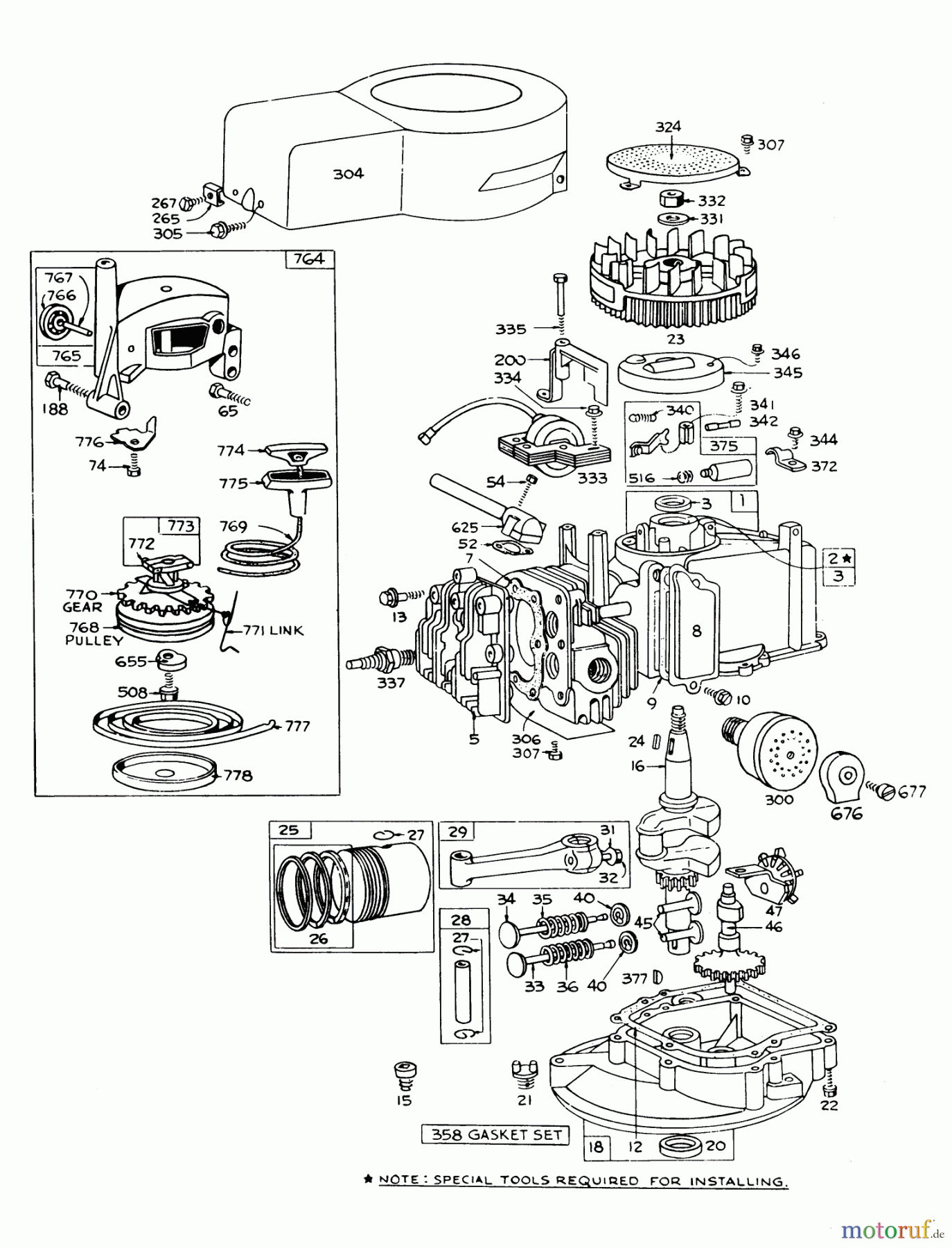  Toro Neu Mowers, Walk-Behind Seite 1 16277 - Toro Whirlwind Lawnmower, 1977 (7000001-7999999) ENGINE BRIGGS & STRATTON MODEL 92508-0954-01 FOR 19