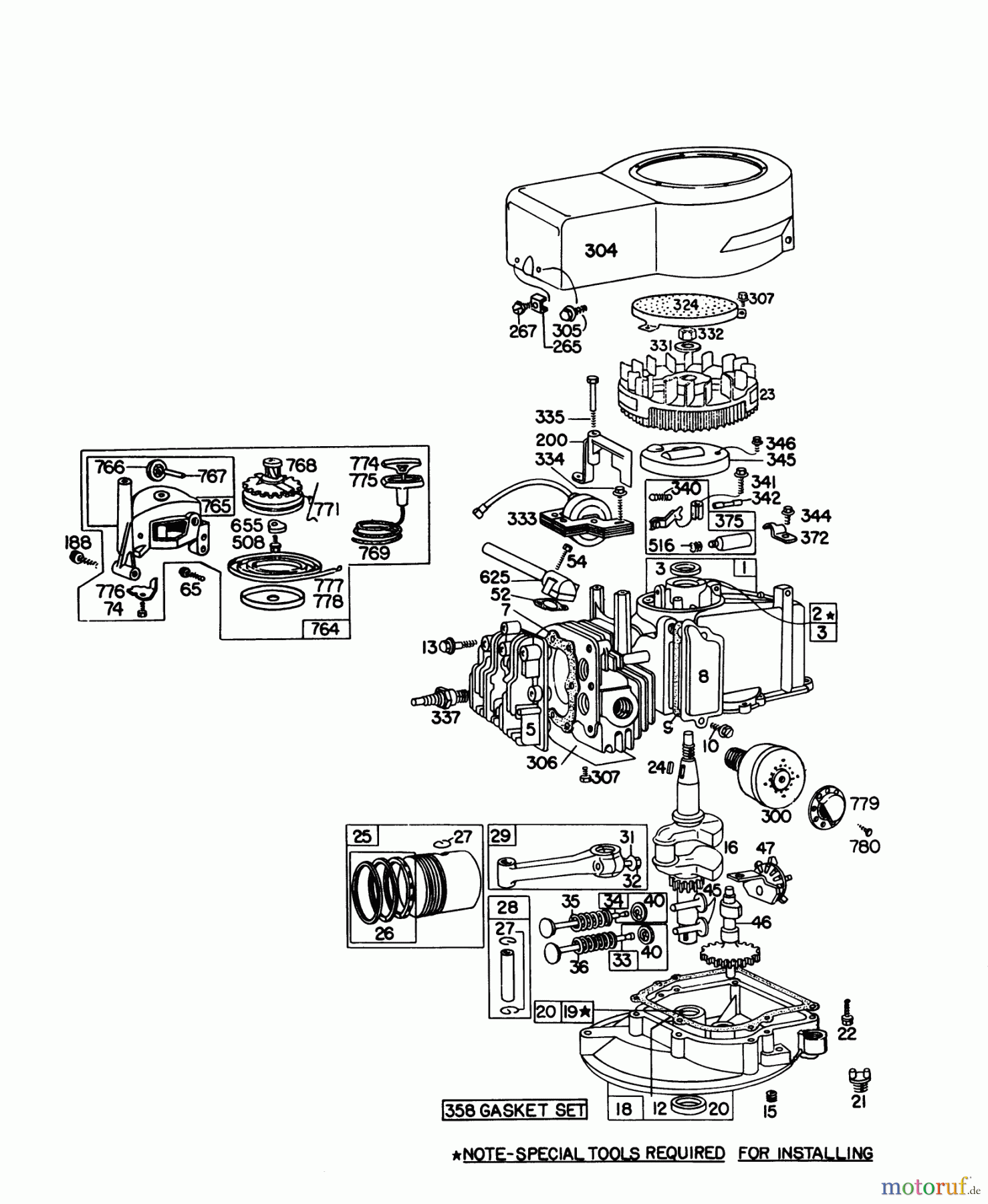  Toro Neu Mowers, Walk-Behind Seite 1 16287 - Toro Whirlwind II Lawnmower, 1978 (8000001-8999999) ENGINE BRIGGS & STRATTON MODEL 92908-1931-01 FOR 21