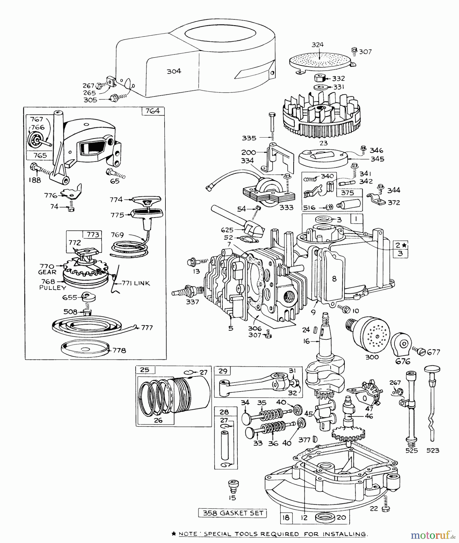  Toro Neu Mowers, Walk-Behind Seite 1 16073 - Toro Whirlwind Lawnmower, 1974 (4000001-4999999) ENGINE BRIGGS & STRATTON-MODEL 92908-1457-01 FOR 21