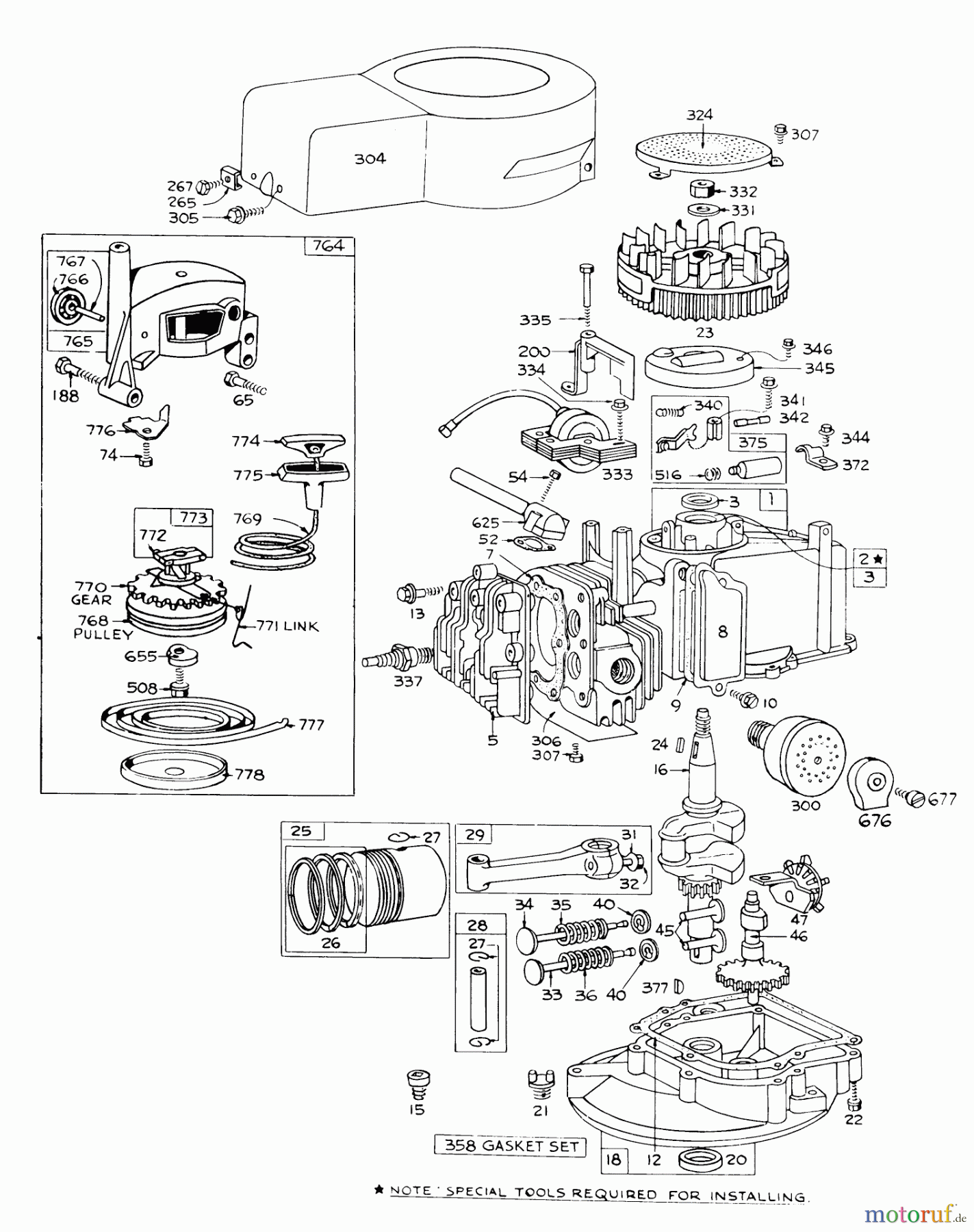  Toro Neu Mowers, Walk-Behind Seite 1 16073 - Toro Whirlwind Lawnmower, 1975 (5000001-5999999) ENGINE BRIGGS & STRATTON 92508-0904-01 FOR 19