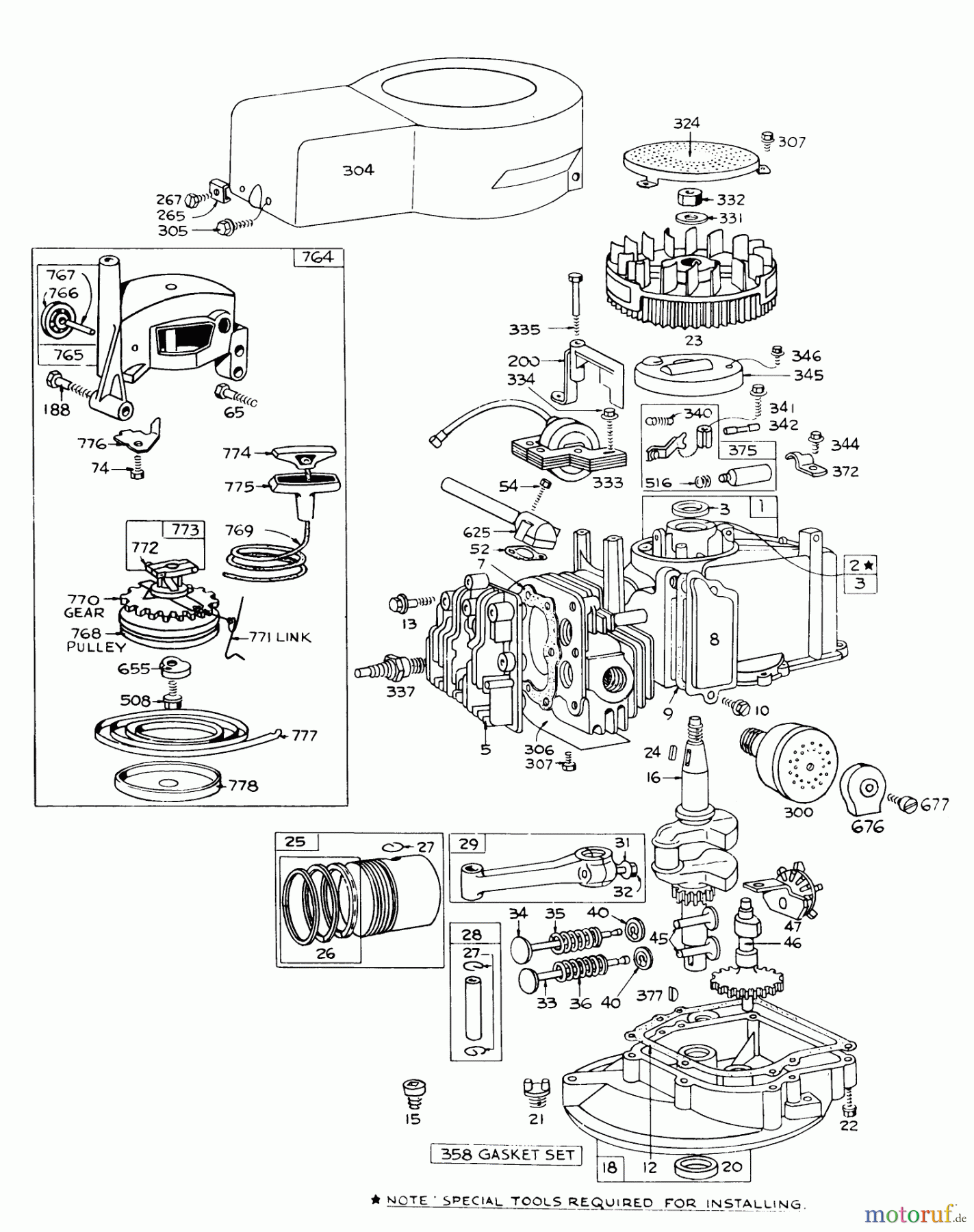  Toro Neu Mowers, Walk-Behind Seite 1 16273 - Toro Whirlwind Lawnmower, 1976 (6000001-6999999) ENGINE BRIGGS & STRATTON MODEL 92508-0904-01 FOR 19