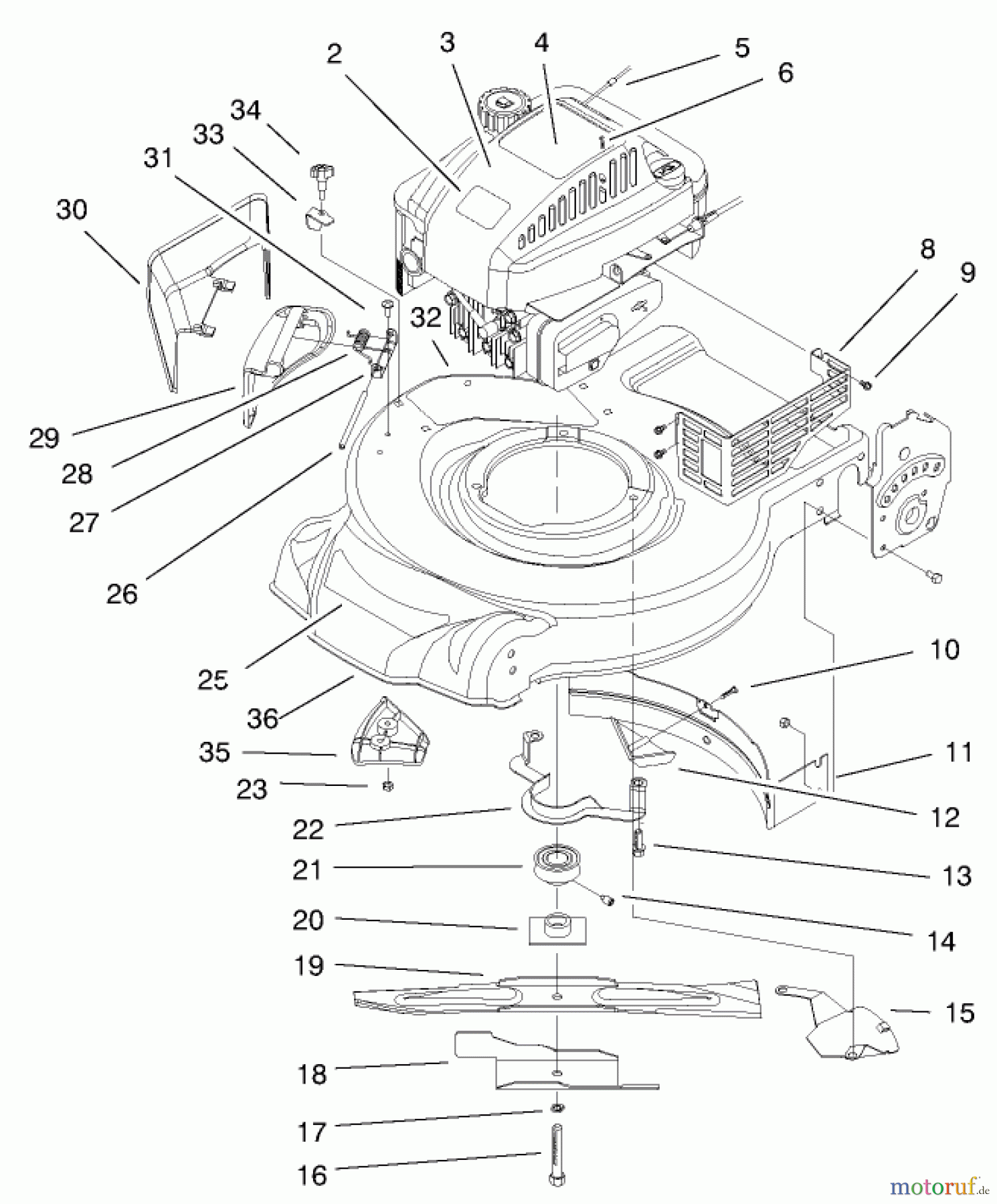  Toro Neu Mowers, Walk-Behind Seite 1 20022 (R-21S) - Toro Recycler Mower, R-21S, 1999 (9900001-9999999) ENGINE & BLADE ASSEMBLY