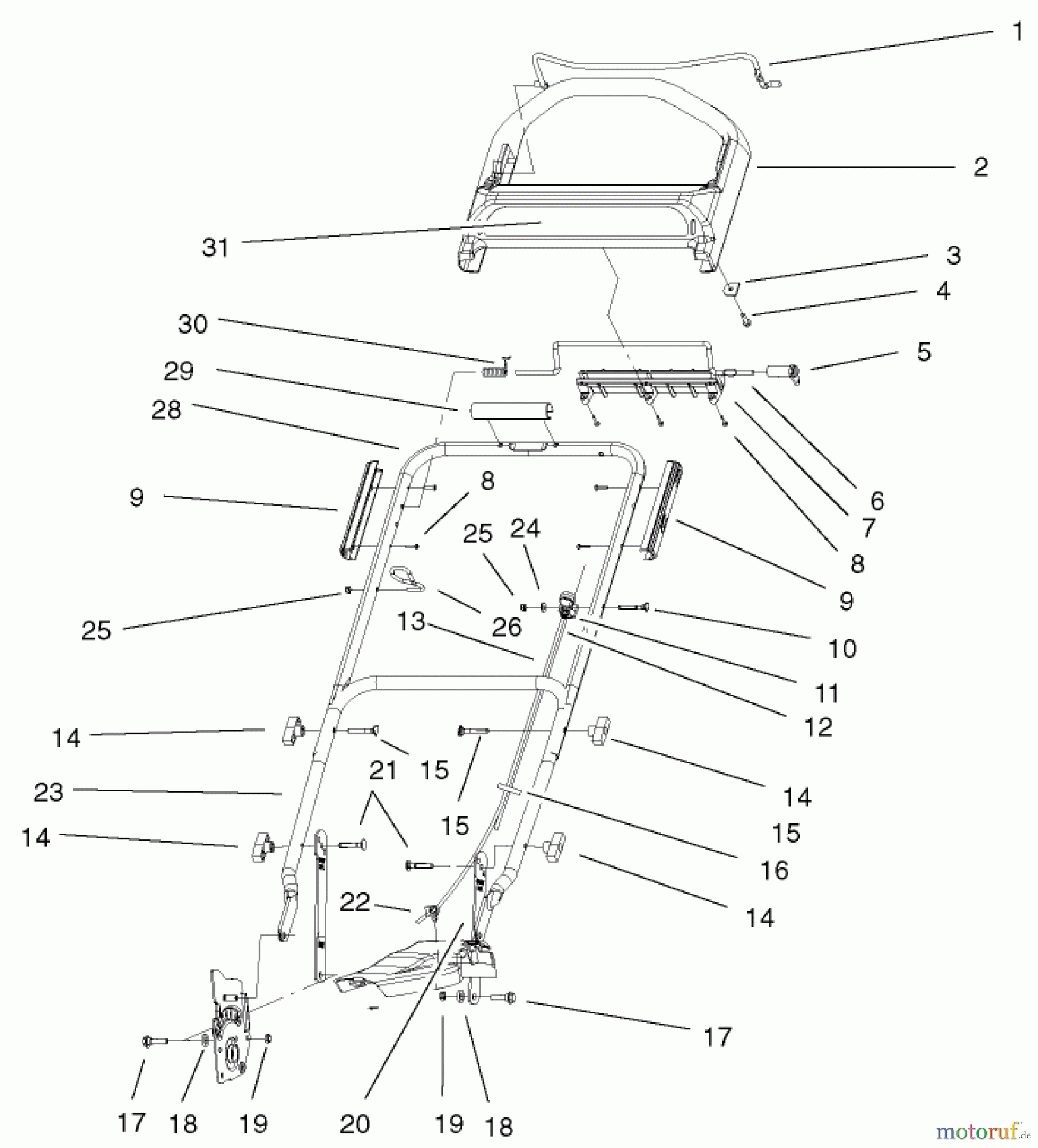  Toro Neu Mowers, Walk-Behind Seite 1 20022 (R-21S) - Toro Recycler Mower, R-21S, 2000 (200000001-200999999) HANDLE & CONTROLS ASSEMBLY