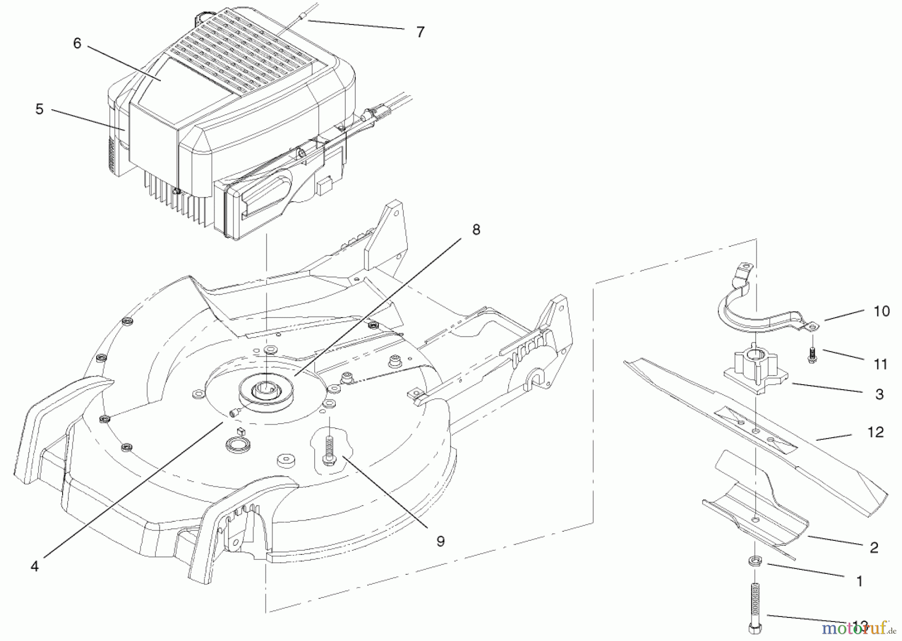  Toro Neu Mowers, Walk-Behind Seite 1 20048 (SR-21SE) - Toro Super Recycler Mower, SR-21SE, 2001 (210000001-210999999) ENGINE AND BLADE ASSEMBLY