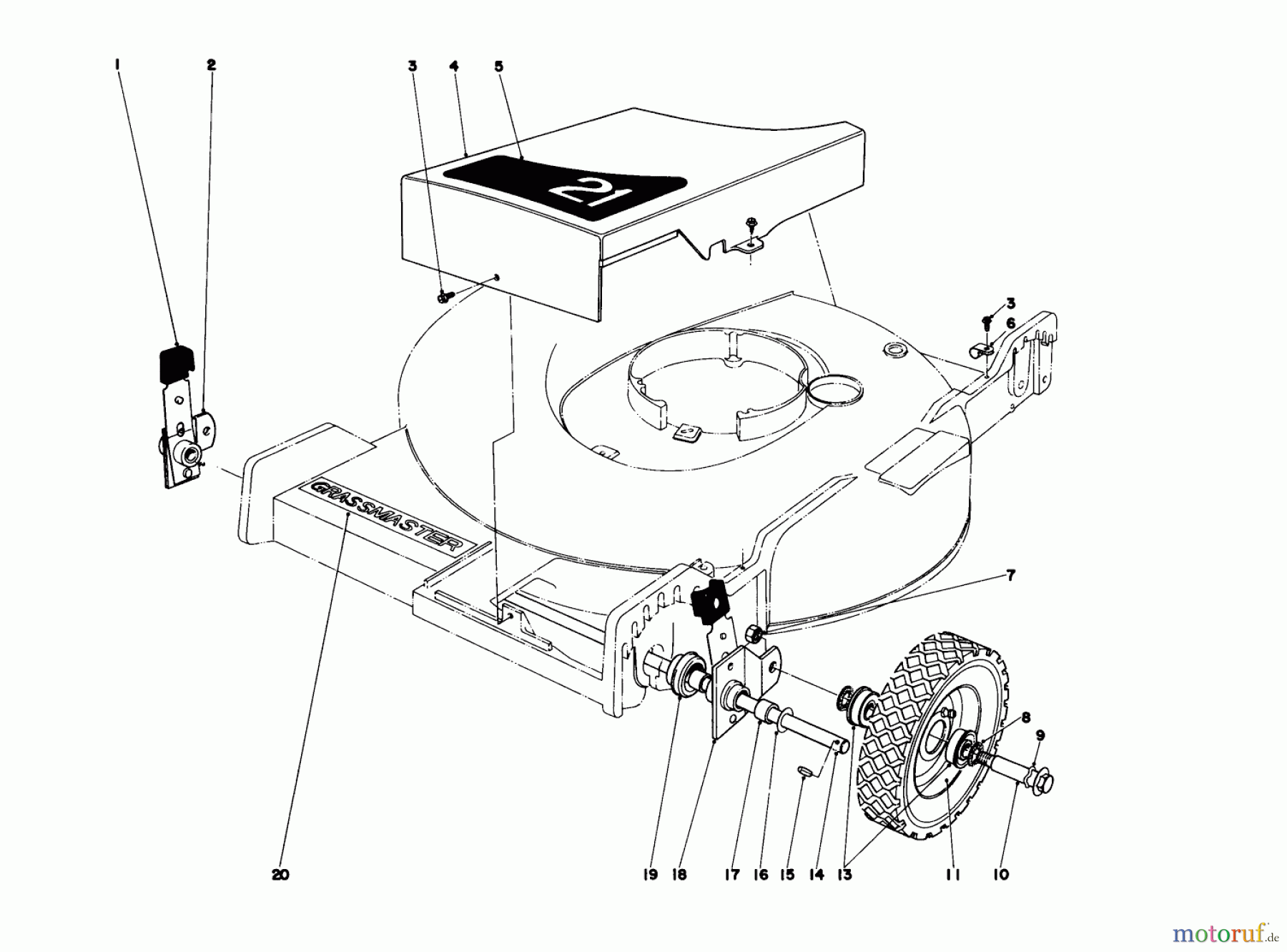  Toro Neu Mowers, Walk-Behind Seite 1 20451 - Toro Lawnmower, 1976 (6000001-6999999) FRONT WHEEL AND PIVOT ARM ASSEMBLY
