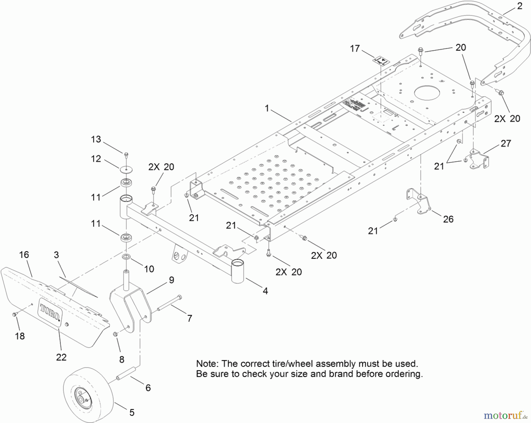Toro Neu Mowers, Zero-Turn 74385 (ZS 3200) - Toro TimeCutter ZS 3200 Riding Mower, 2011 (311000001-311999999) FRAME, FRONT AXLE AND CASTER WHEEL ASSEMBLY