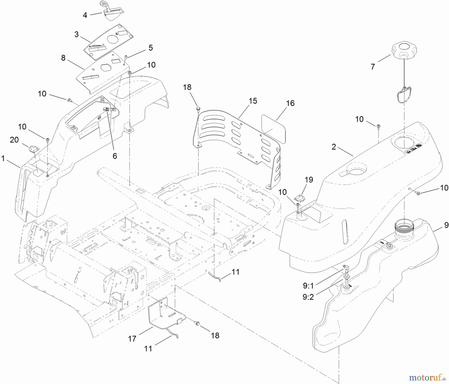  Toro Neu Mowers, Zero-Turn 74385 (ZS 3200) - Toro TimeCutter ZS 3200 Riding Mower, 2012 (SN 312000001-312999999) BODY STYLING AND FUEL POD ASSEMBLY