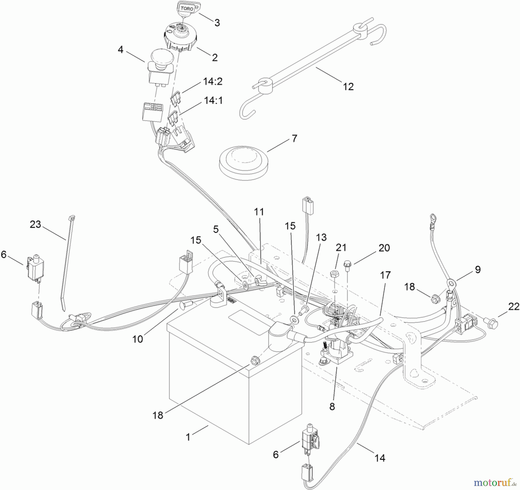 Toro Neu Mowers, Zero-Turn 74386 (ZS 4200) - Toro TimeCutter ZS 4200 Riding Mower, 2012 (SN 312000001-312999999) BATTERY AND ELECTRICAL ASSEMBLY