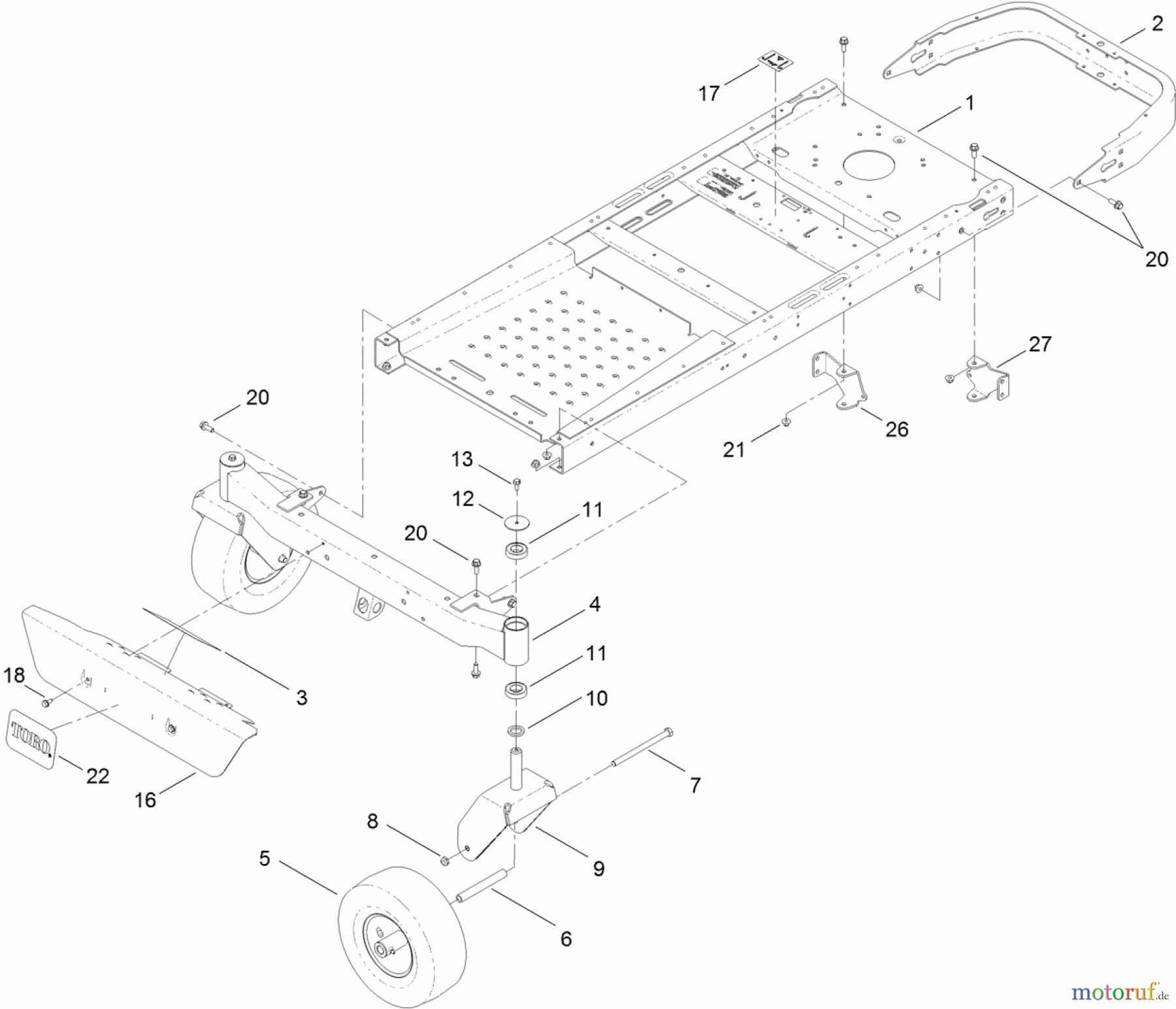  Toro Neu Mowers, Zero-Turn 74387 (ZS 5000) - Toro TimeCutter ZS 5000 Riding Mower, 2011 (311000001-311999999) FRAME, FRONT AXLE AND CASTER WHEEL ASSEMBLY