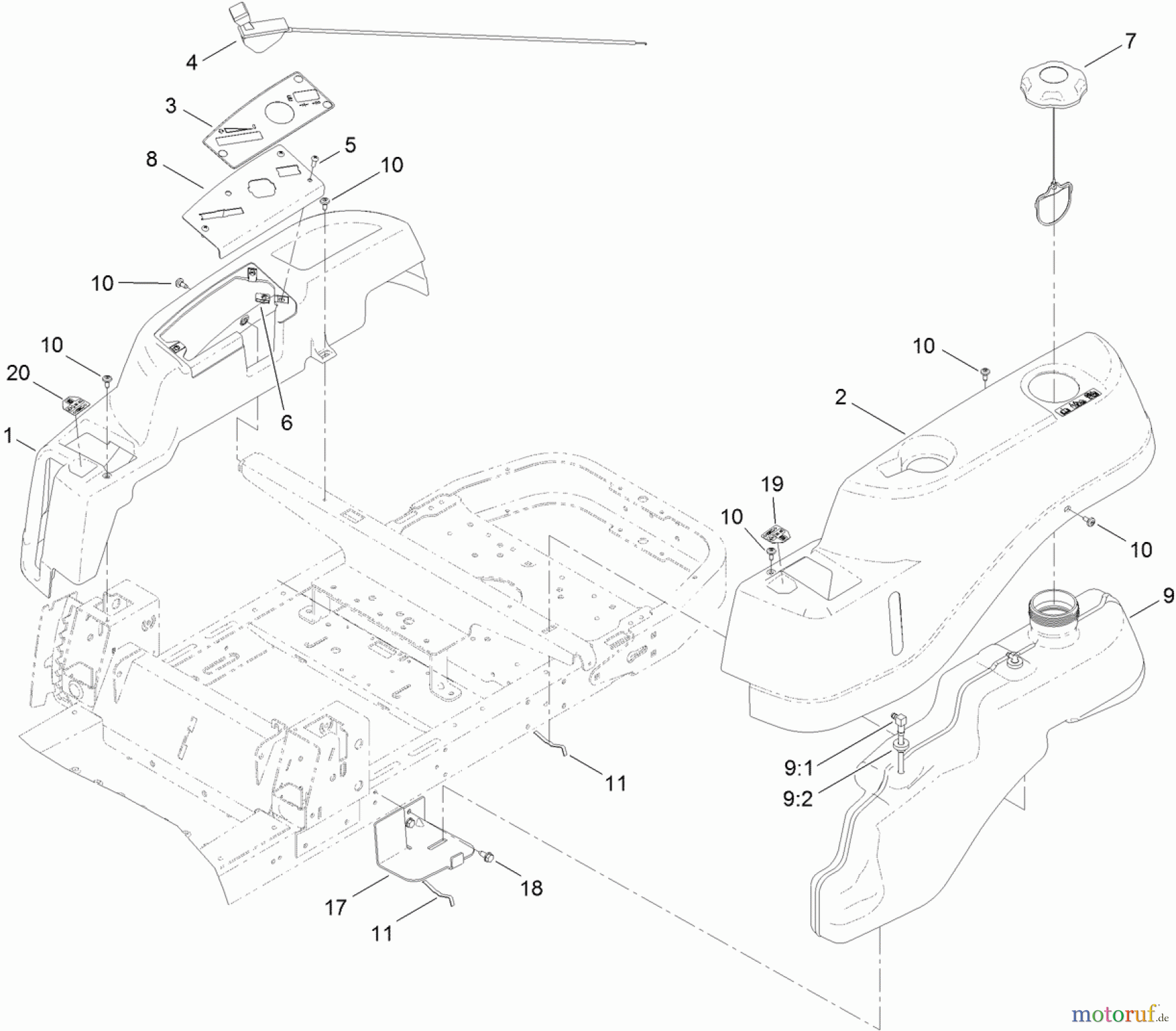  Toro Neu Mowers, Zero-Turn 74622 (4200) - Toro TimeCutter SS 4200 Riding Mower, 2011 (311000001-311999999) BODY STYLING AND FUEL TANK ASSEMBLY