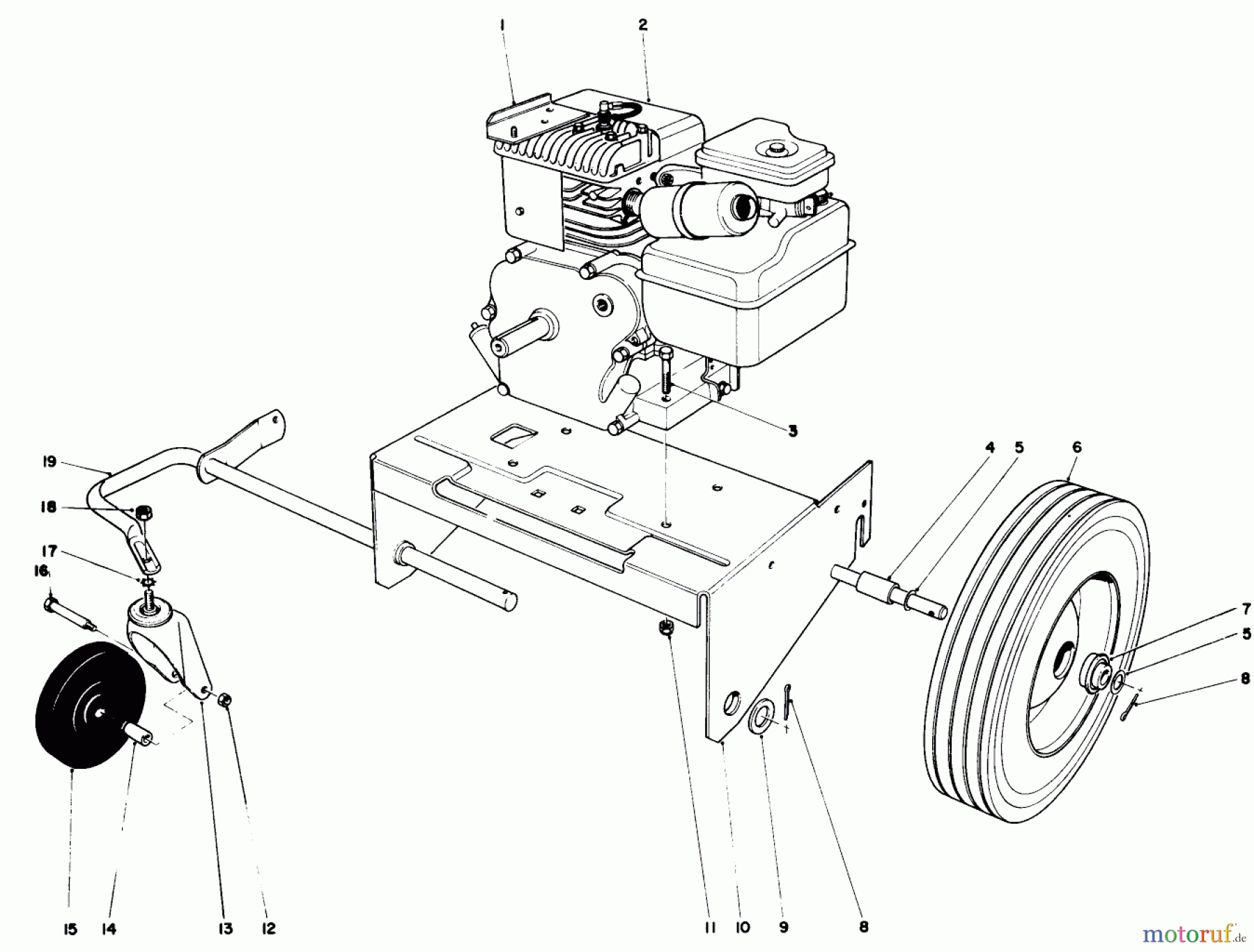  Toro Neu Blowers/Vacuums/Chippers/Shredders 62922 - Toro 5 hp Lawn Vacuum, 1974 (4000001-4999999) ENGINE AND BASE ASSEMBLY (MODEL 62911)