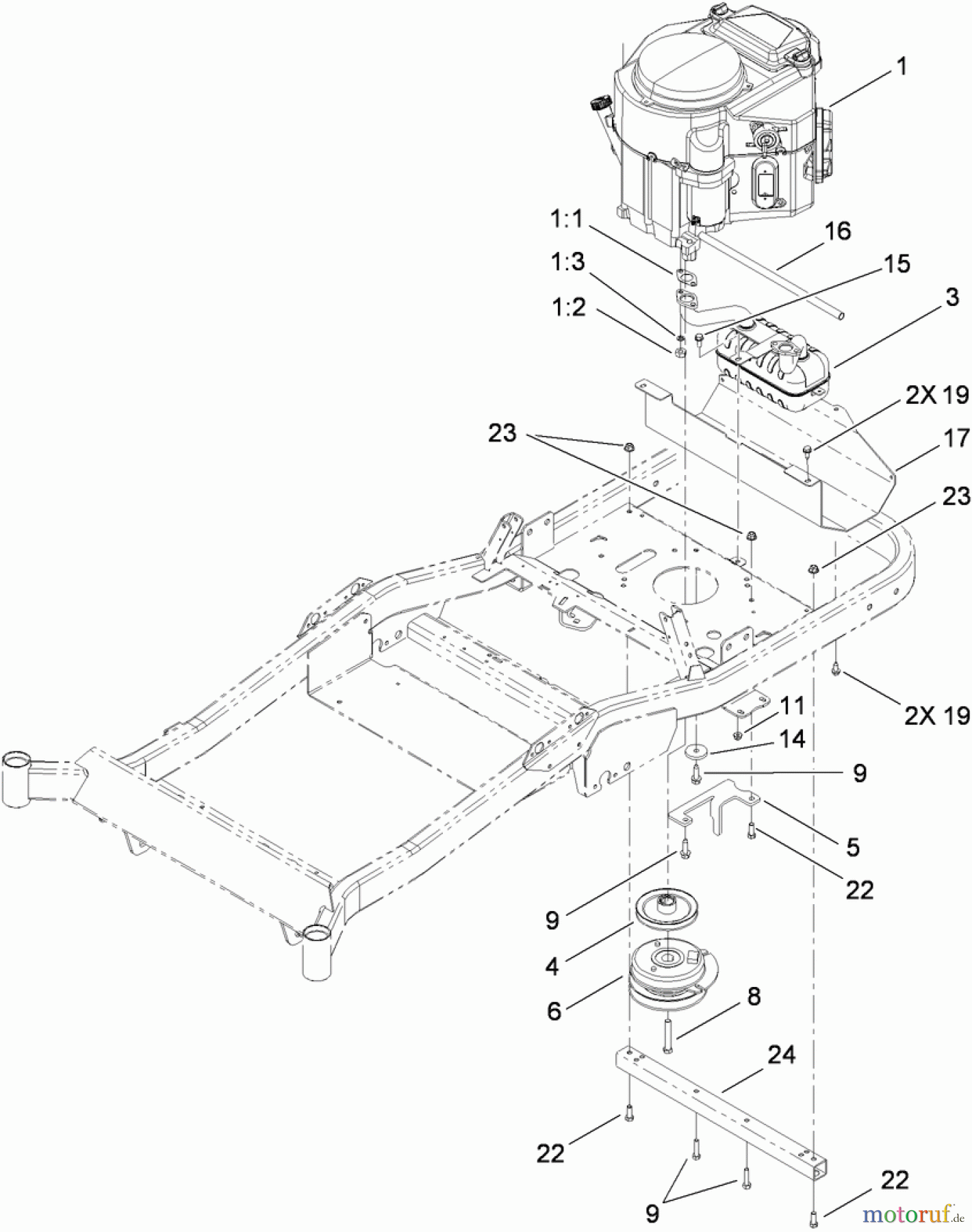  Toro Neu Mowers, Zero-Turn 74824 (ZX6050) - Toro TITAN ZX6050 Zero-Turn-Radius Riding Mower, 2010 (310000001-310999999) ENGINE, CLUTCH AND MUFFLER ASSEMBLY