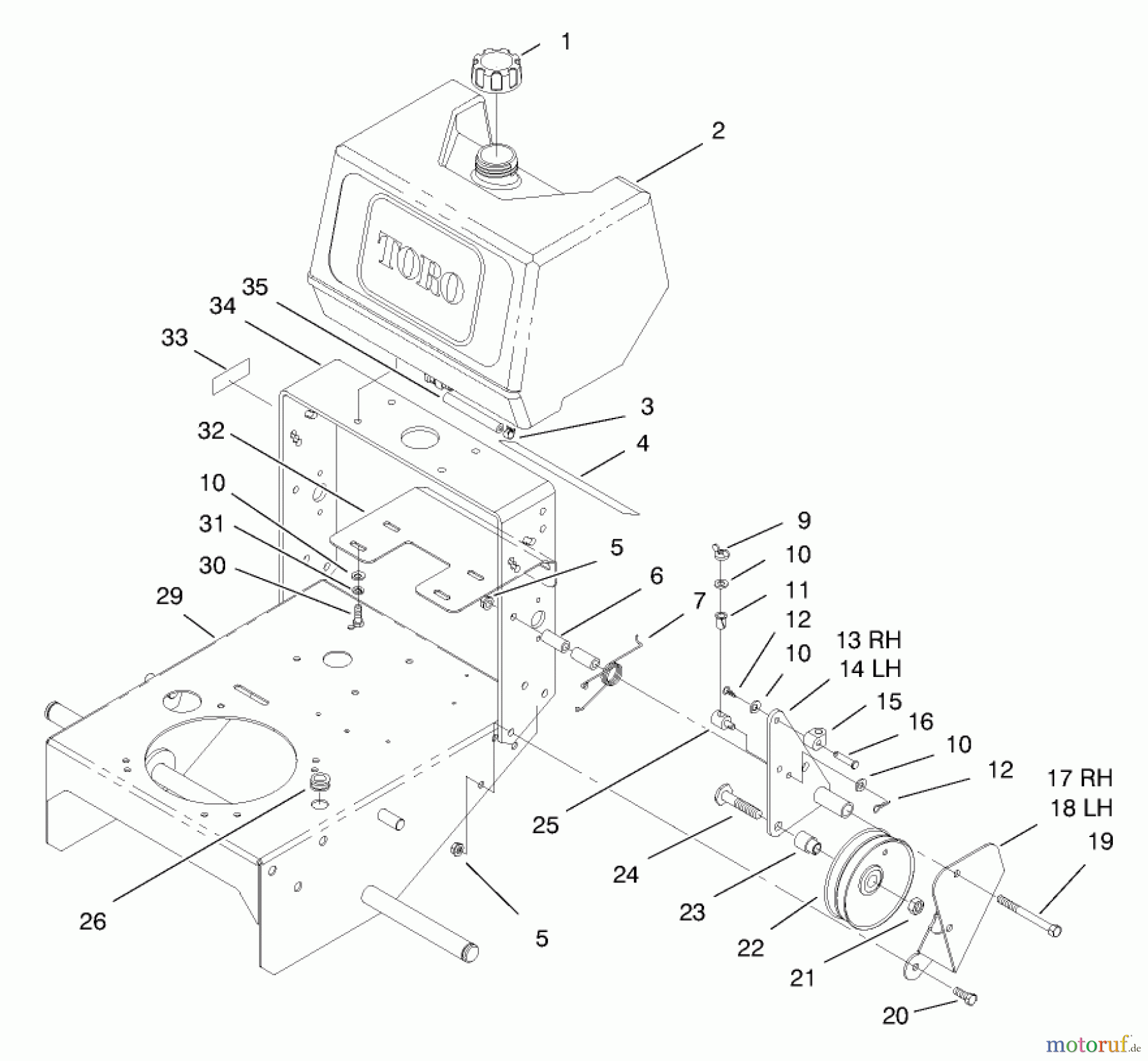  Rasenmäher Antrieb 30159 - Toro Mid-Size ProLine Traction Unit, Gear Drive, 12.5 hp (SN: 790001 - 795100) (1997) FUEL TANK AND IDLER BRACKET ASSEMBLY