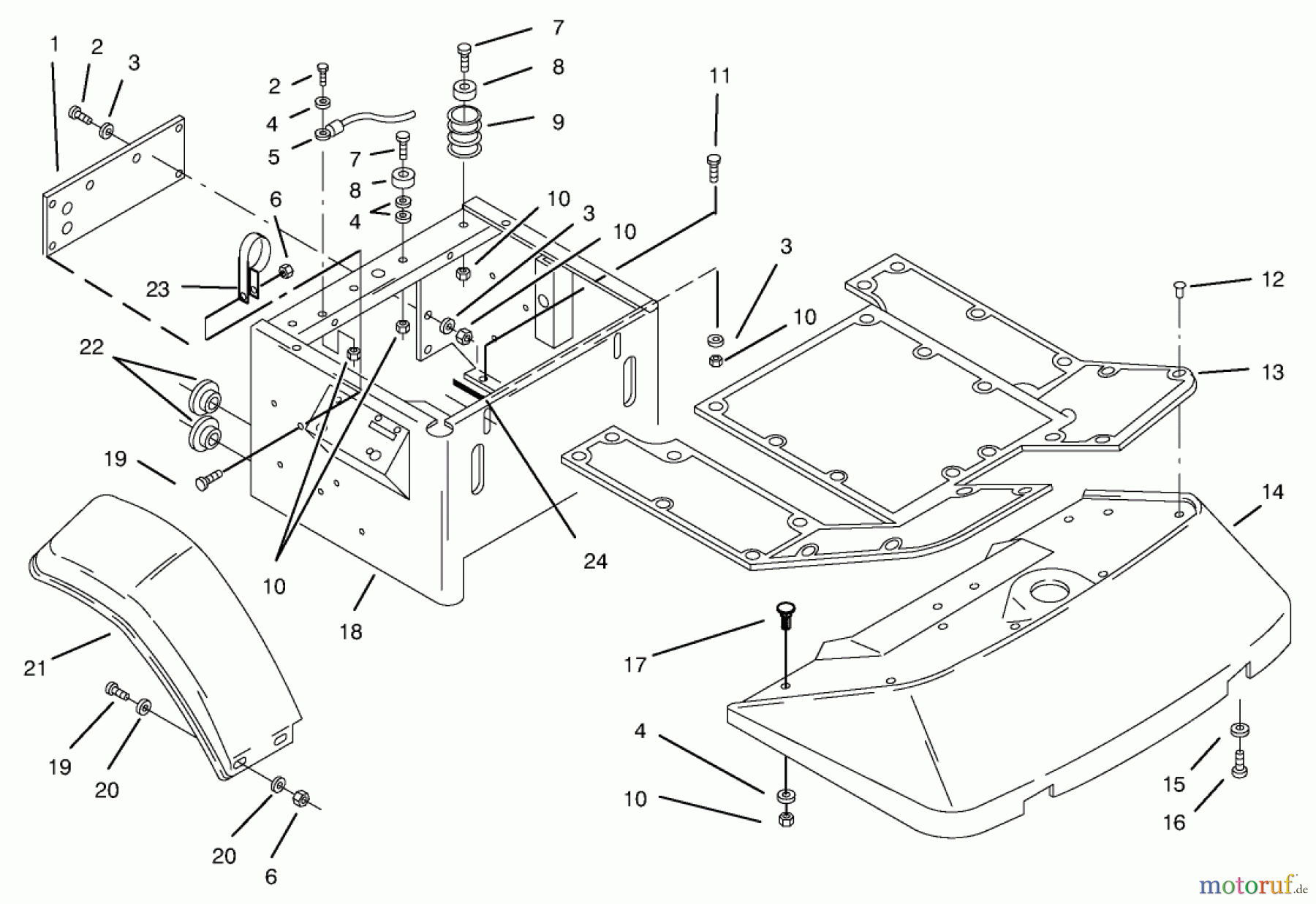  Rasen- und Garten Traktoren 74101 (620-Z) - Toro Tractor (SN: 590001 - 599999) (1995) FENDERS & FLOOR PAN ASSEMBLY